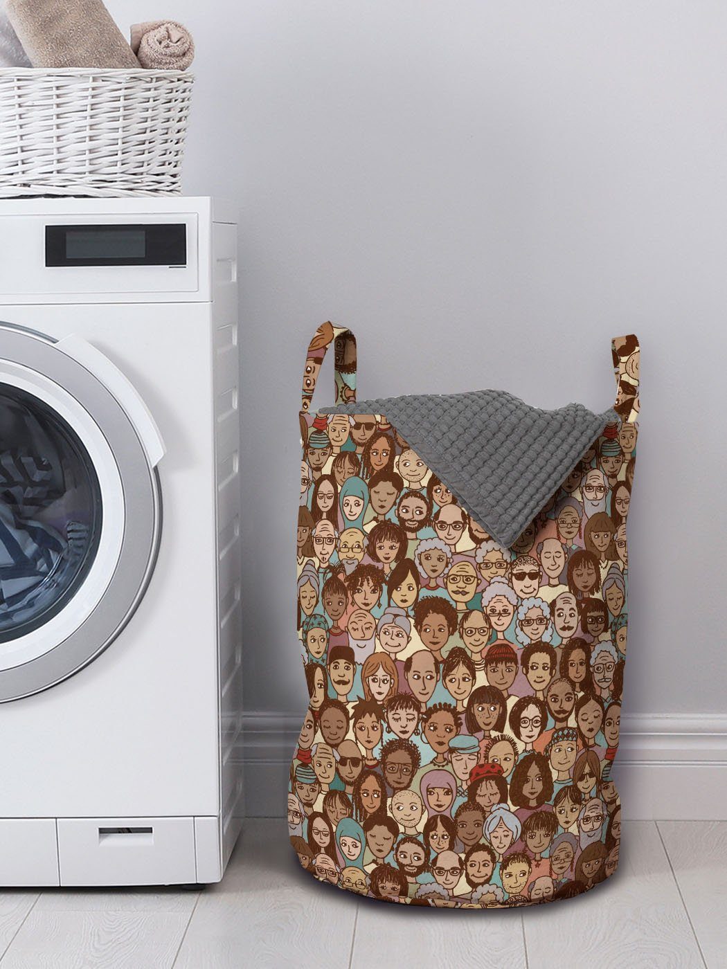 Abakuhaus Wäschesäckchen Wäschekorb Gekritzel für Waschsalons, Gesichter Menschen mit Kordelzugverschluss Griffen Verschiedene ethnische
