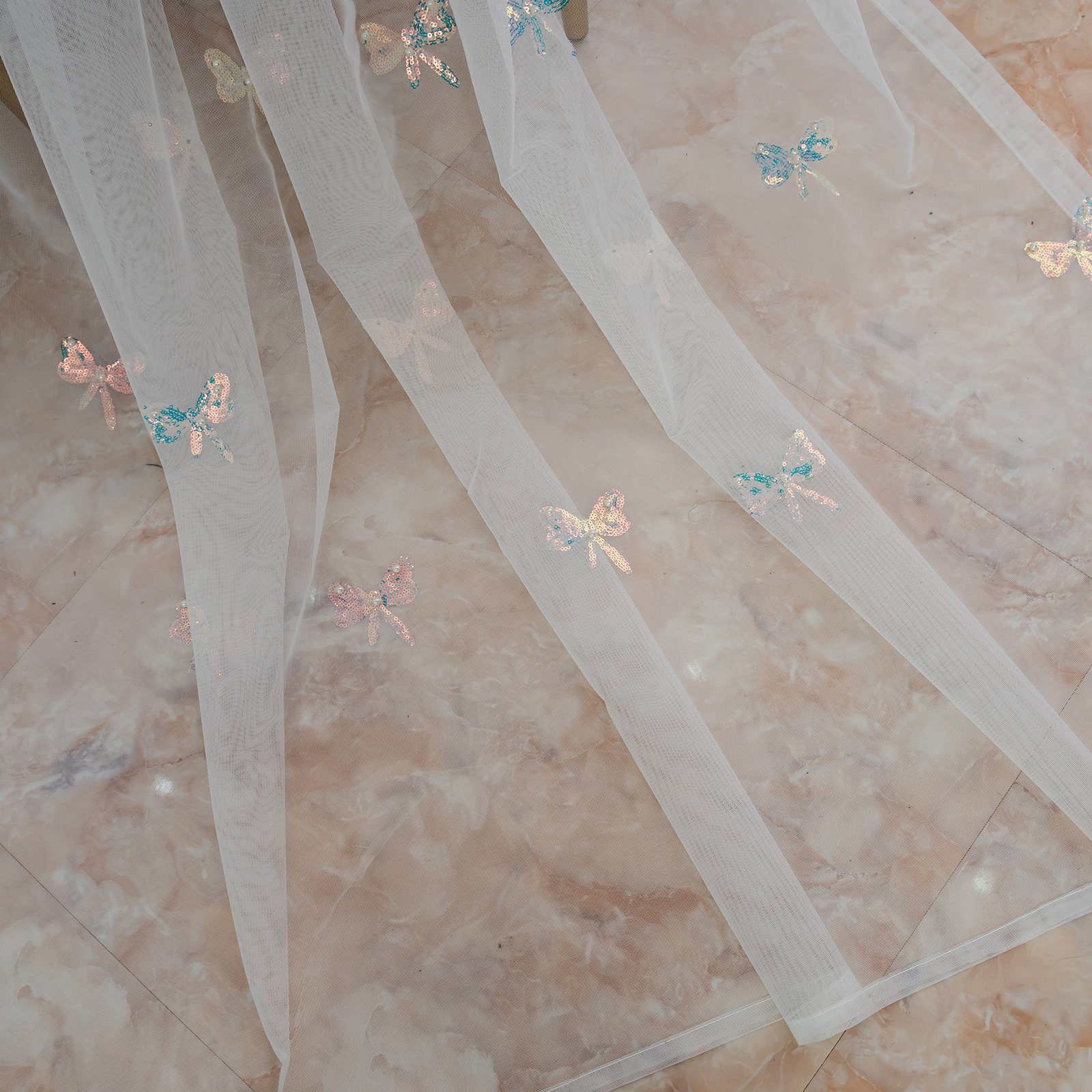 Gardine Gaze, bestickt Pailletten Schmetterling, halbtransparent, St), mit Perlen (2 Ösen, für Wohnzimmer, Deko, Rosnek, Schlafzimmer Restaurant