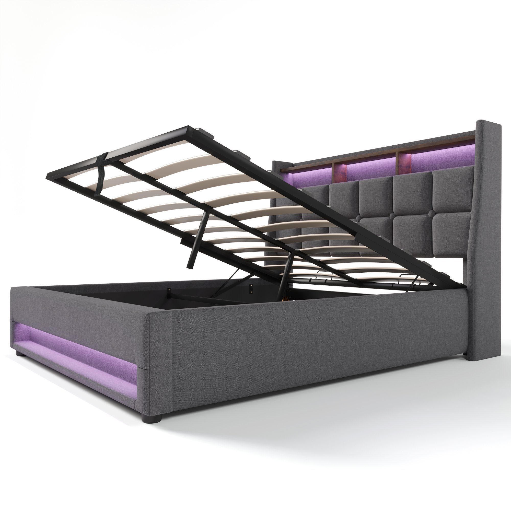 Polsterbett (Funktionsbett, 140x200 cm Hydraulisches Bett mit Lattenrost), Stauraumbett mit LED-Beleuchtung und USB-Anschluss, Baumwolle-Leinen