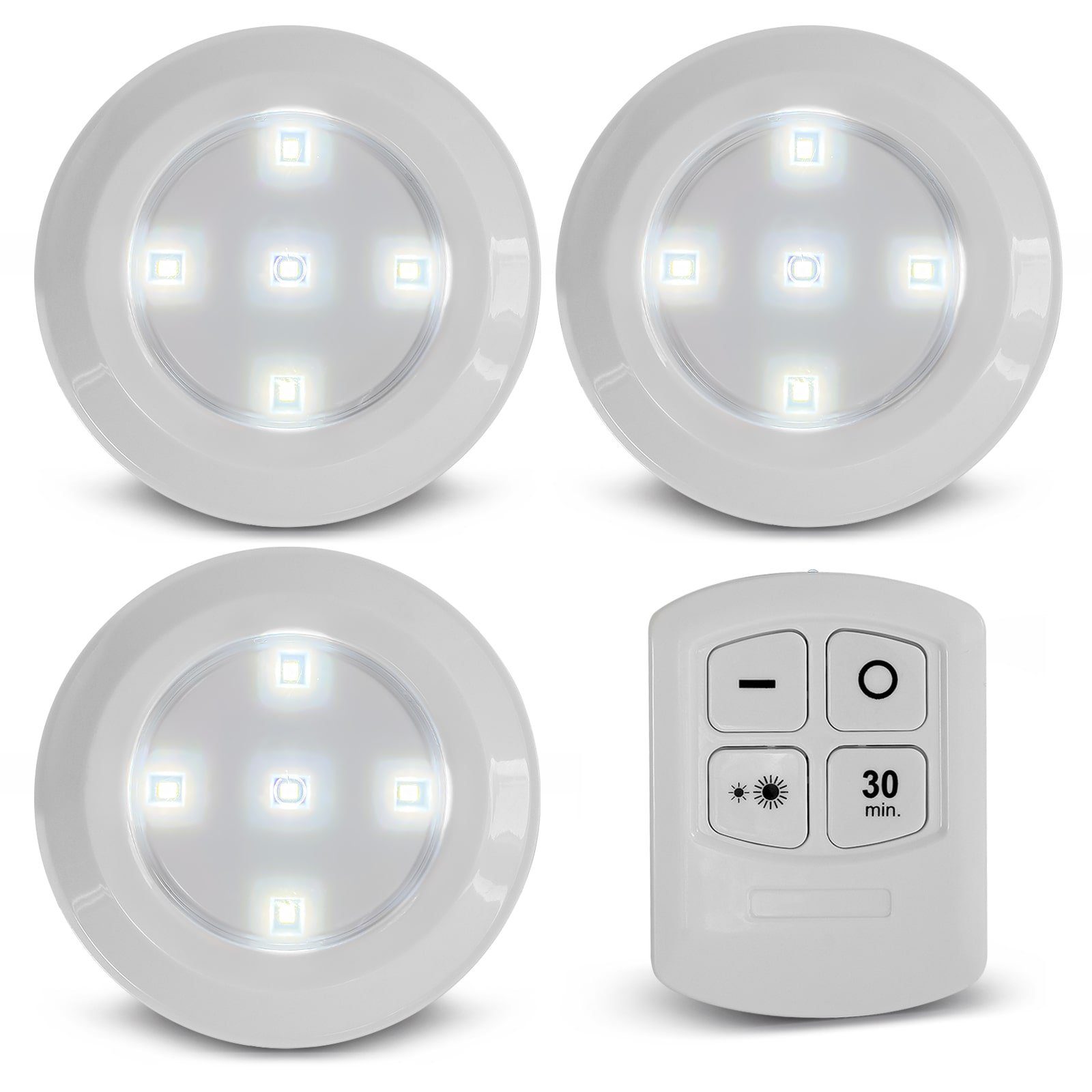EAXUS LED Unterbauleuchte LED Lampe 30 Set, mit fest Schrankleuchte/Küchenleuchte, Leuchtkraft), LED und Timer, Fernbedienung Minuten integriert, Batteriebetrieben Neutralweiß, Timer, Dimmbar Selbstklebend (100%/50% 3er/6er