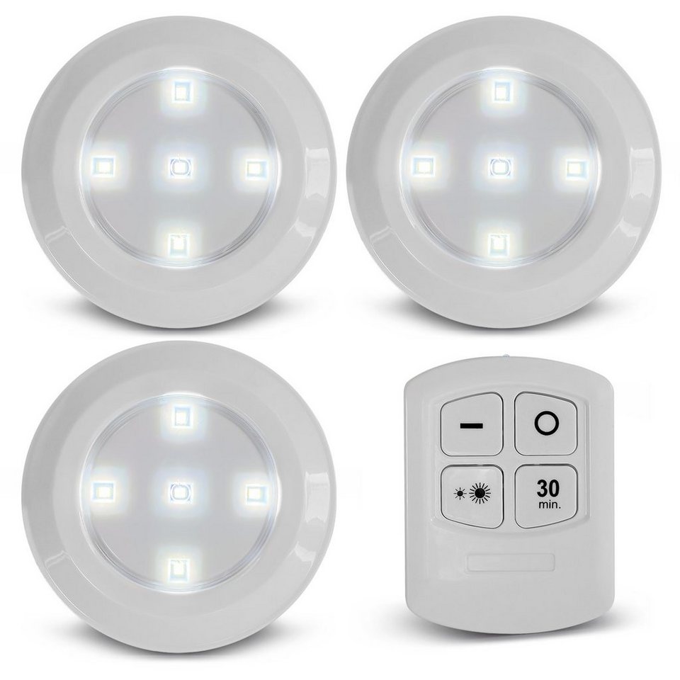 EAXUS LED Unterbauleuchte LED Lampe Batteriebetrieben mit Fernbedienung und  Timer, Dimmbar (100%/50% Leuchtkraft), 30 Minuten Timer, LED fest integriert,  Neutralweiß, 3er/6er Set, Schrankleuchte/Küchenleuchte, Selbstklebend