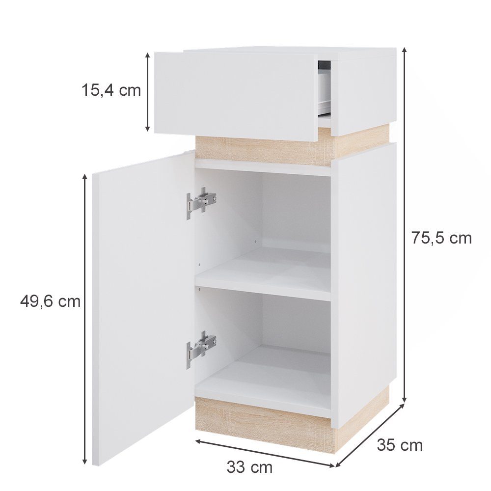 Vicco Midischrank Gloria, Weiß/Sonoma, 33 x 75.5 cm mit Tür und Schublade (1-St)