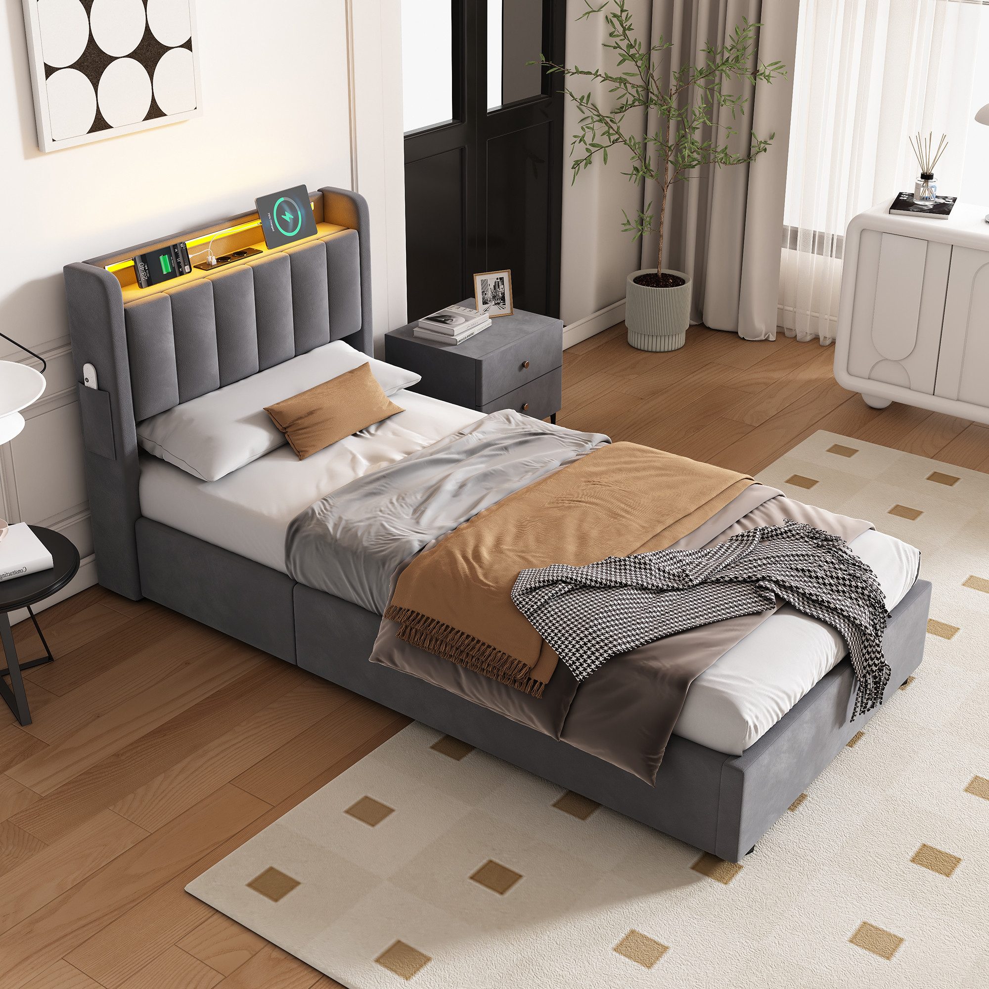 STILVORA Polsterbett 90×200 mit bettkasten,Bettgestelle Boxspringbett mit USB & LED-Licht (Funktionsbett mit Fernbedienung, Gepolsterter Rand, Samtstoff, Metallrahmen, Kompfort, Grau), Jugendbett ohne matratze, Stauraumbett für verschiedene Raumstile