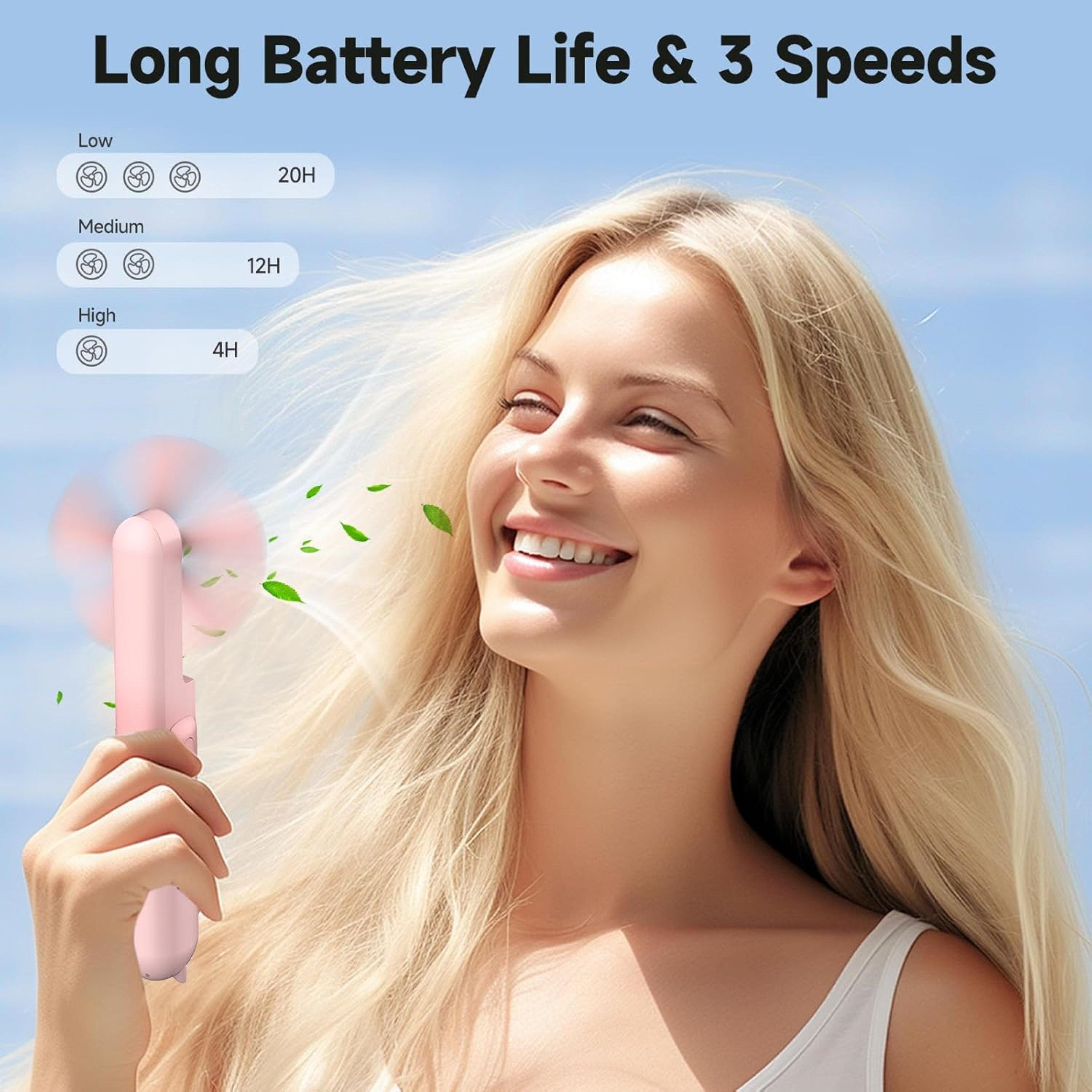 LA CUTE Handventilator Tragbarer Mini Handventilator faltbar USB-C Akku leise Pink, Faltbar, Powerbank-Funktion, 3 Stufen, leise, tragbar
