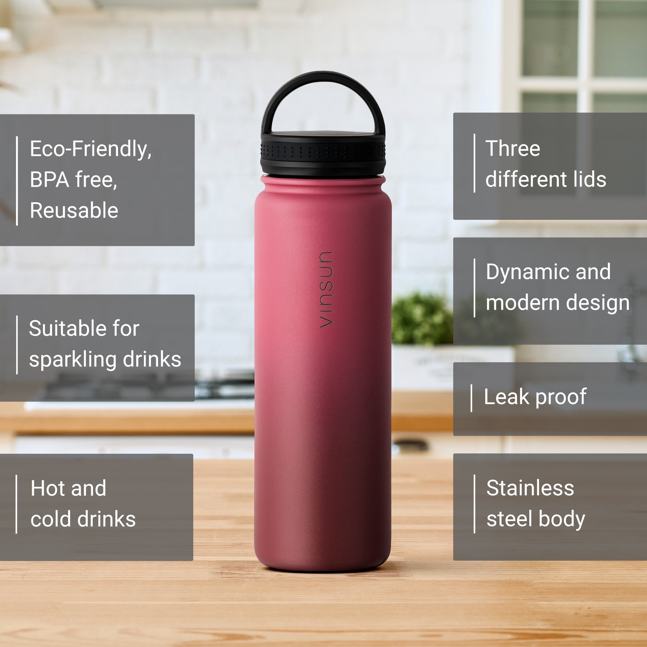 Vinsun Isolierflasche Edelstahl Trinkflasche 750ml, 3 Deckel, auslaufsicher, doppelwandig, 3 Deckel - Strohhalm, Trinköffnung, Schraubverschluss