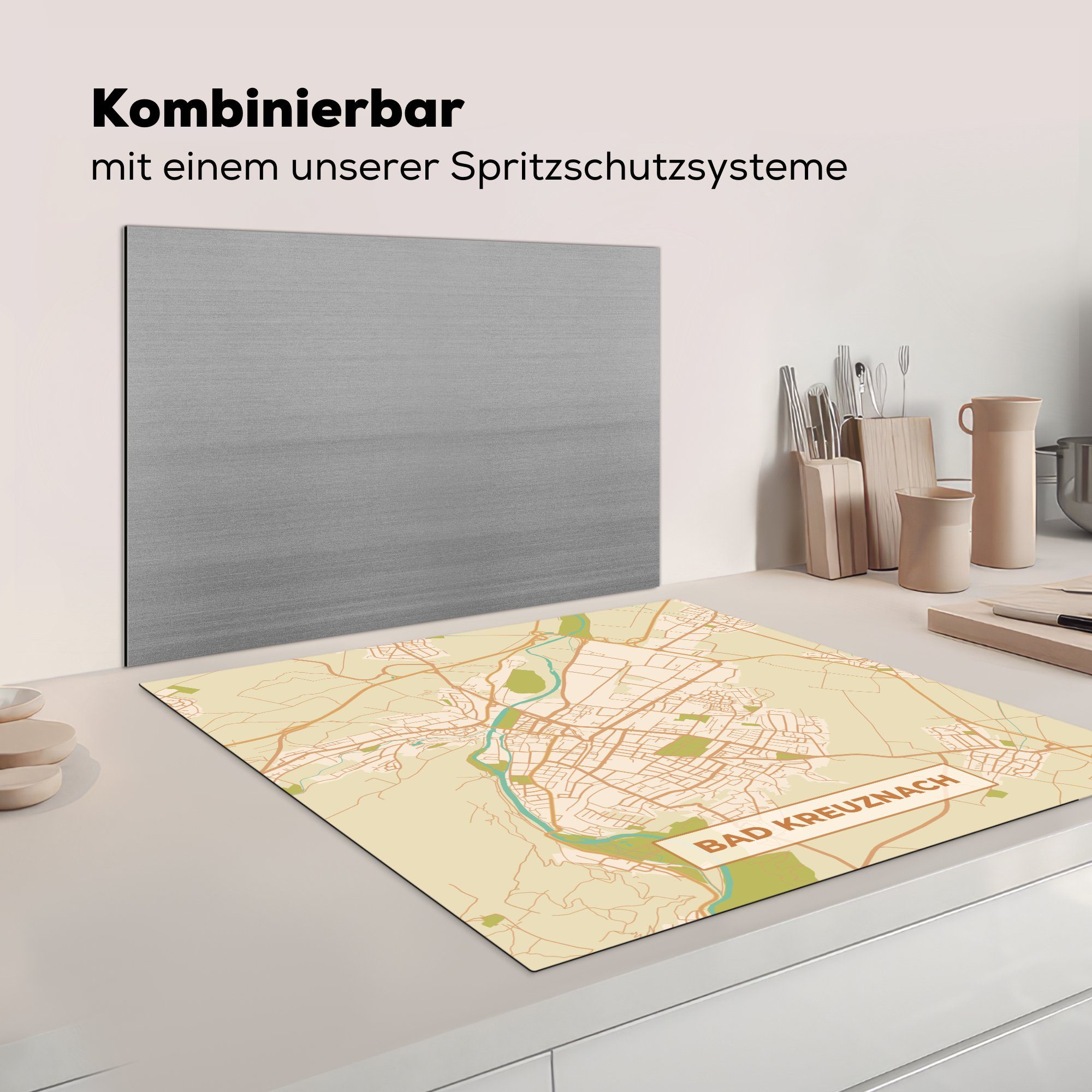 Bad tlg), Kreuznach Stadtplan, (1 MuchoWow küche Vinyl, für Herdblende-/Abdeckplatte cm, Ceranfeldabdeckung, Karte 78x78 - Vintage Arbeitsplatte - -