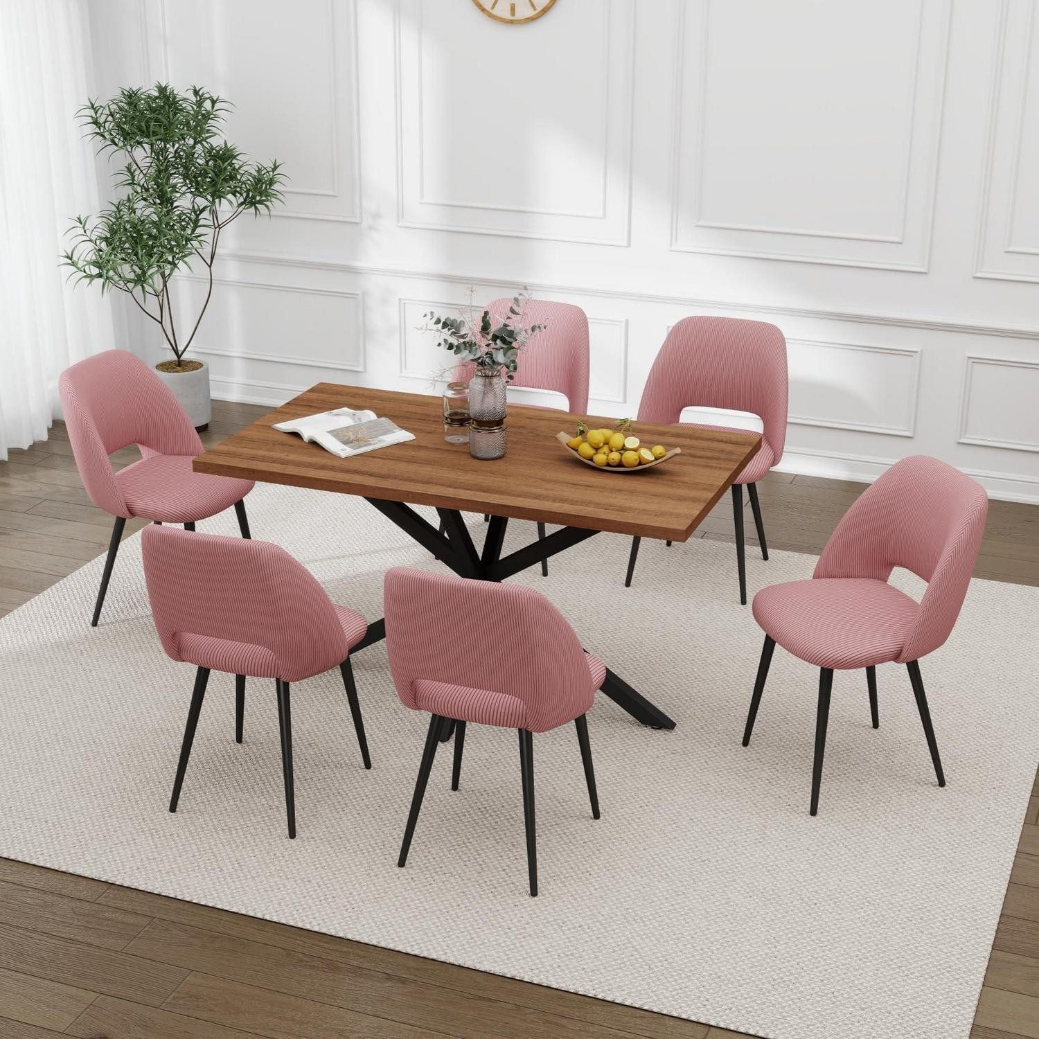 LuxusKollektion Esstisch Esstisch Stuhlset 140x80x75cm MDF 6 Cord Stühle Hohlrücken Dunkel Rosa (1-St)
