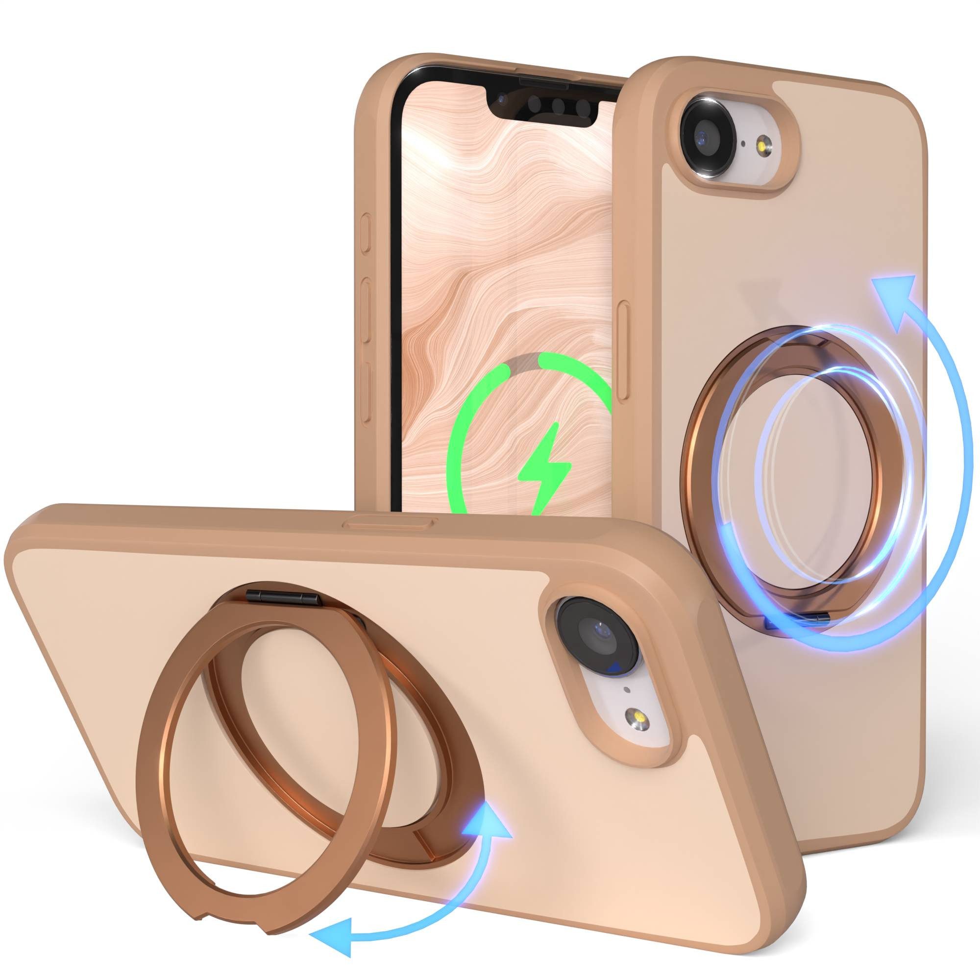 EAZY CASE Handyhülle Outdoor Apple iPhone 16e Case MagSafe Rotation Ring 6,1 Zoll, Outdoor Case mit Ring zum Aufstellen für Videos kratzfest in Braun