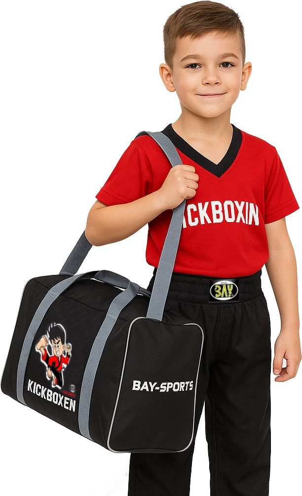 BAY-Sports Sporttasche Kickboxen Trainingstasche für Kinder Kick Boxen Kindertasche grau (Stück), Für kleine Nachwuchsfighter, 50 cm, aufgeweckten Design Mädchen/Jungs