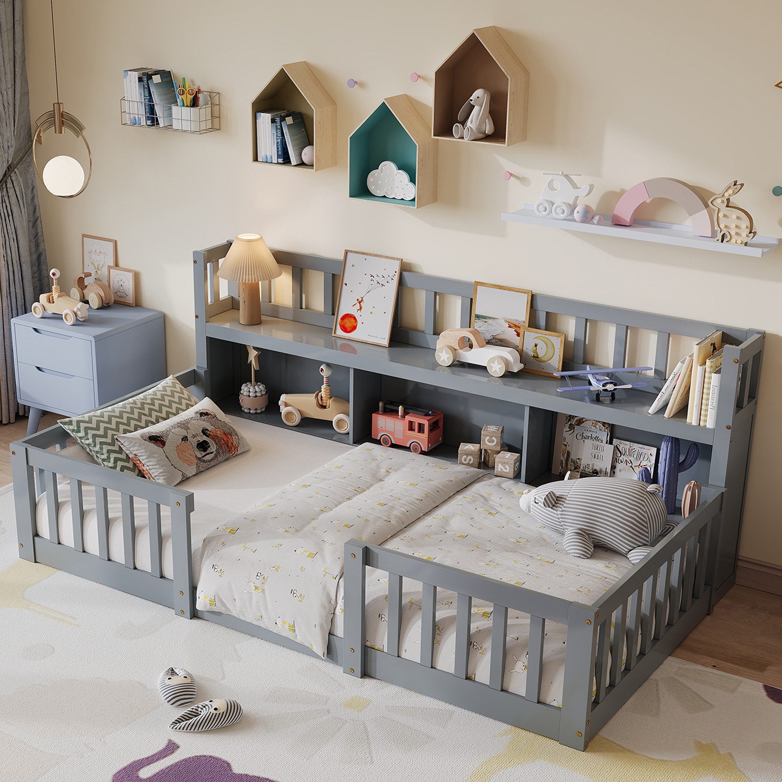 FUROKOY Kinderbett Bodenbett mit Rausfallschutz und Lattenrost (Set, 1-tlg., 90*200cm Bett,Grau), mit offenen Staufächern