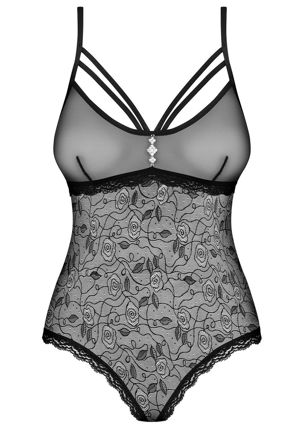 Obsessive Body Transparenter Body mit Spitze ouvert - schwarz (1-tlg) transparent