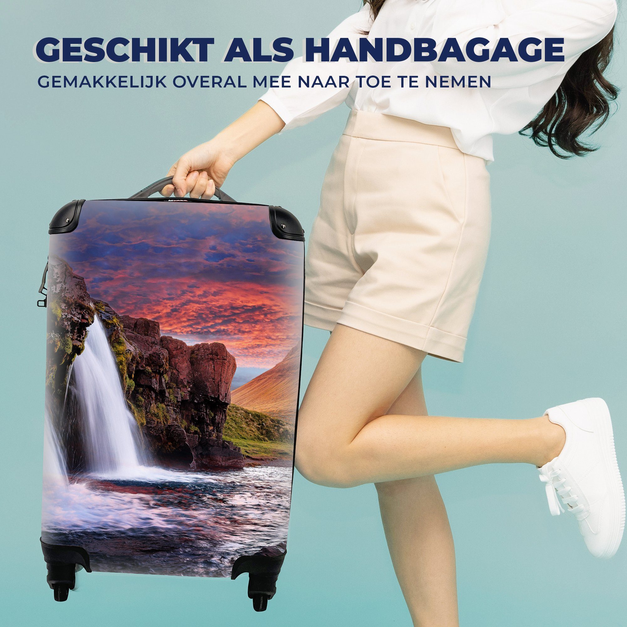 MuchoWow - Handgepäckkoffer mit Rollen, Wasserfall Trolley, - Handgepäck Landschaft, Berg Reisekoffer - Reisetasche Ferien, rollen, für - Rosa Wolken 4