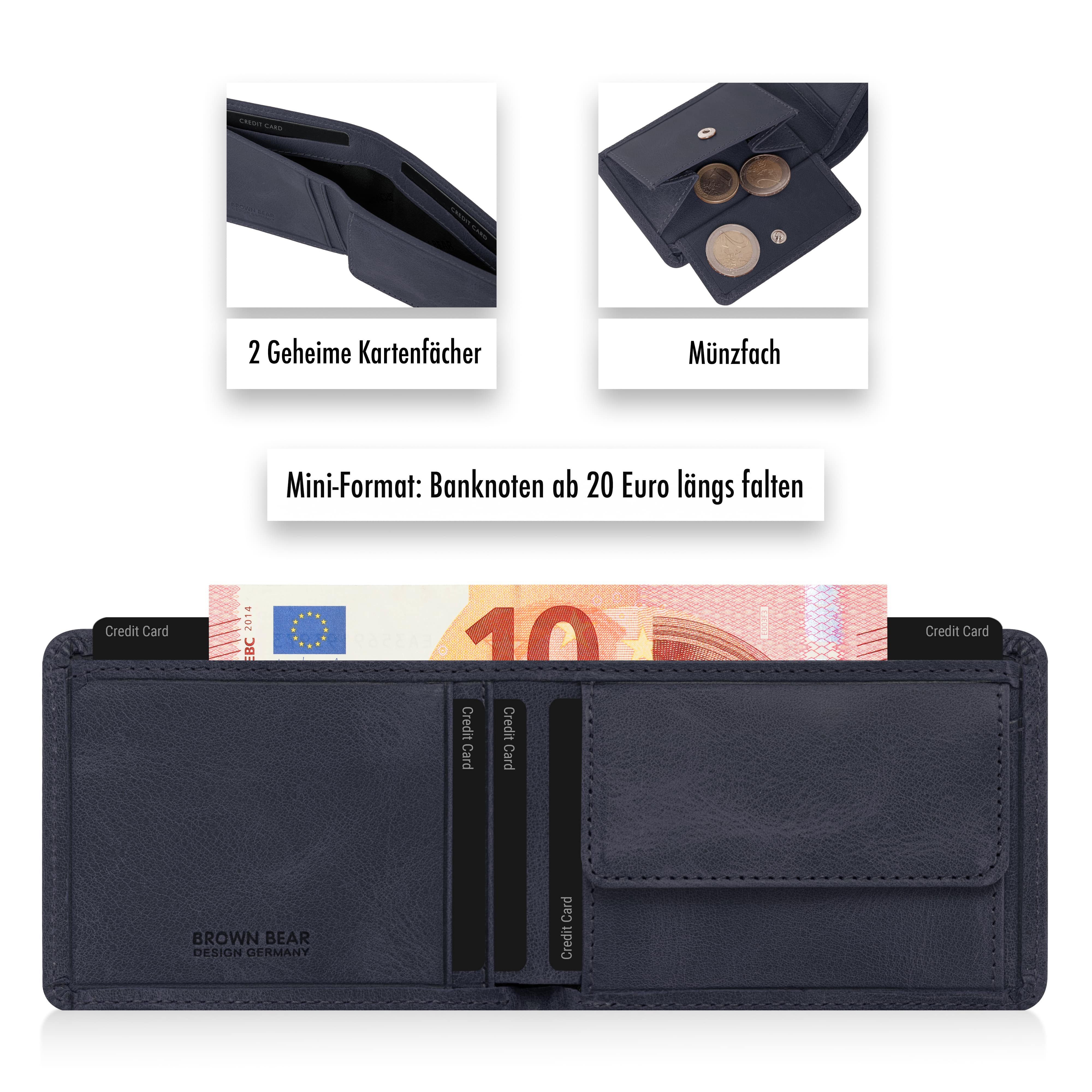 Brown Bear Mini Geldbörse 8006-B aus Echtleder für Herren, mit RFID-Schutz und 5 Kartenfächern Farbe Blau-Vintage
