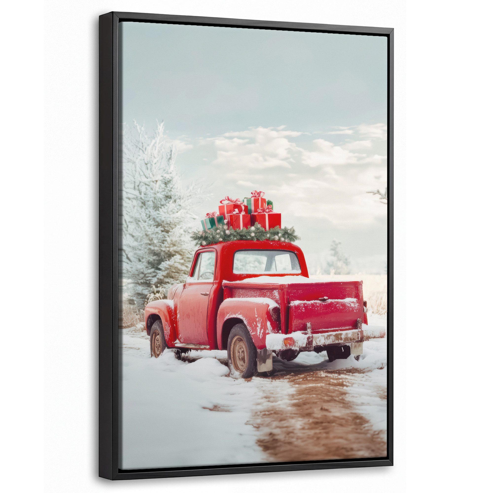 OneMillionCanvasses® Leinwandbild mit Rahmen - Auto - Rot - Geschenke - Winter - Schnee - Weihnachten, Fotodruck (1 St), Deko für Wohnzimmer Schlafzimmer Küche 20x30cm
