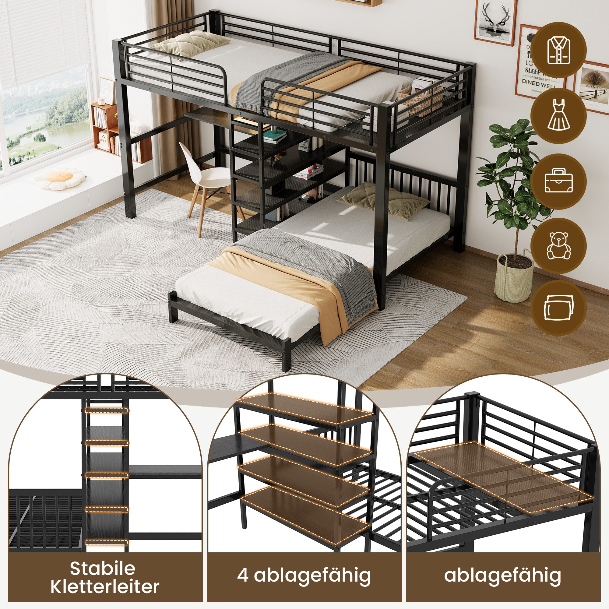 i@home Hochbett Zwei Schlafplätze Hochbett Eisenrahmen (Packung Set) mit USB- und Type-C-Schnittstelle EN747 zertifiziert Ohne Matratze