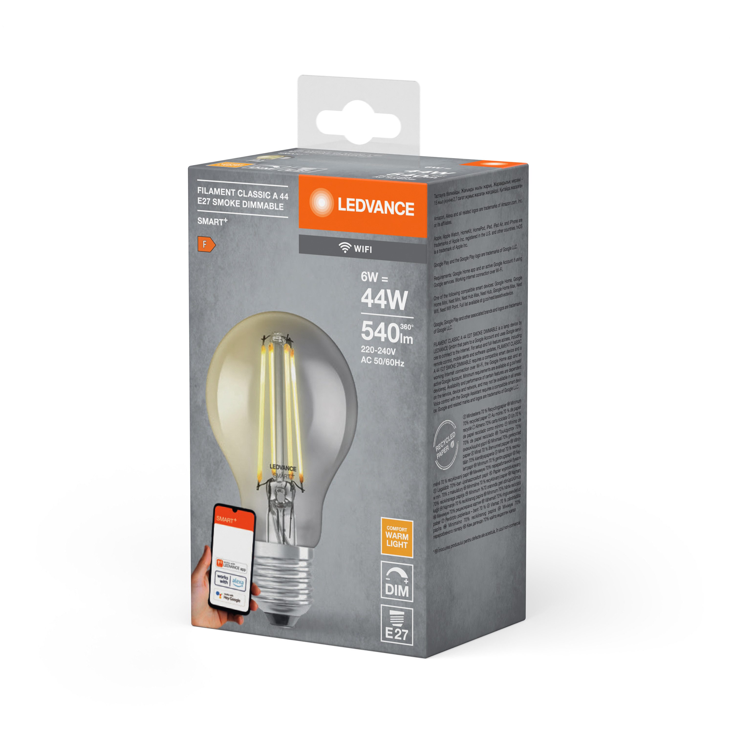 Ledvance LED-Leuchtmittel SMART+ Filament Classic Dimmable 44 6 W/2500 K E27, E27, 1 St., Warm weiß, Drahtlose Steuerung über App