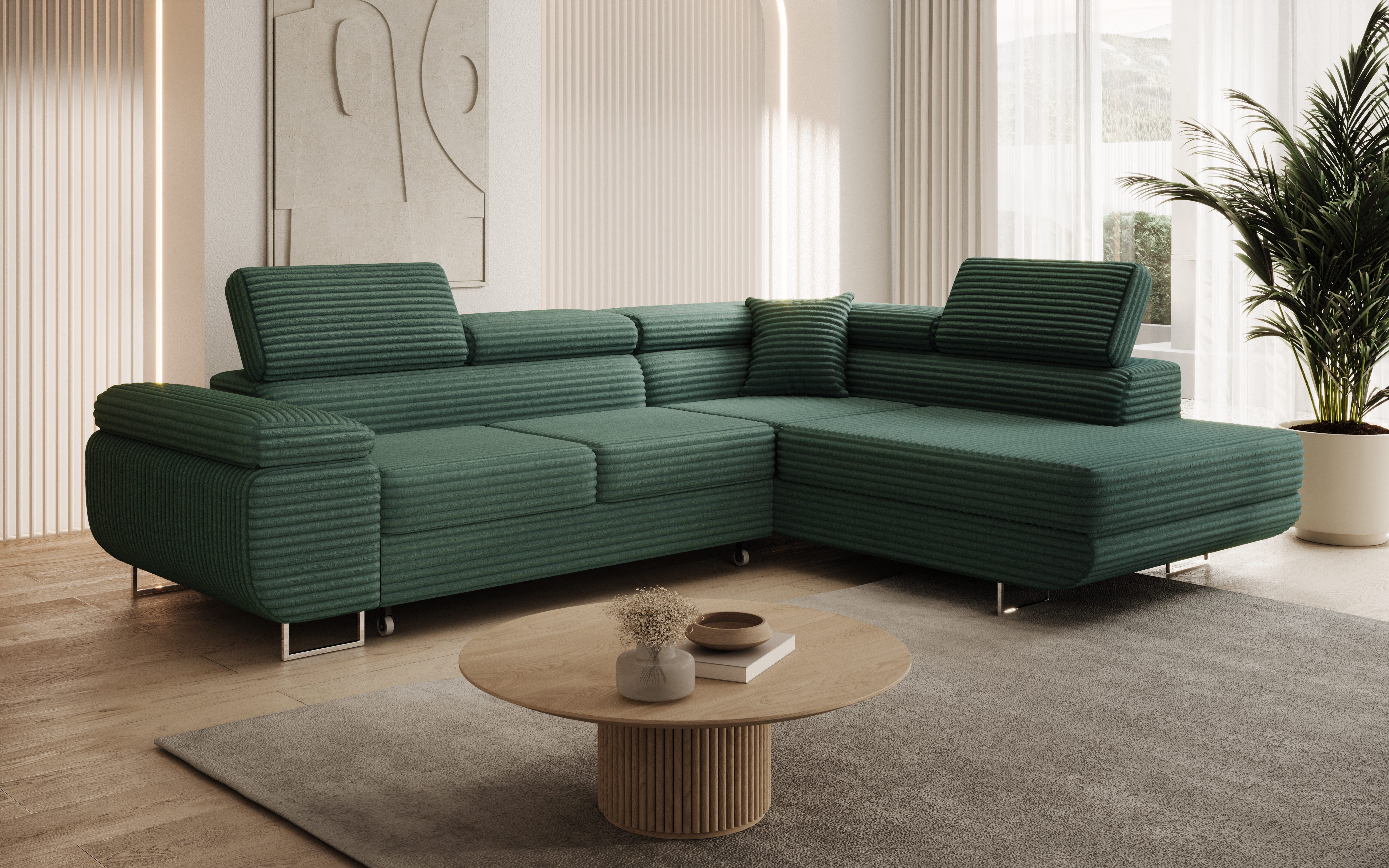 thematys Ecksofa ASTON mit Schlaffunktion & Bettkasten – Cordstoff TILIA, - mit 3 verstellbaren Kopfstützen, – L-Form 273×203 cm – Schlafsofa mit Auszug