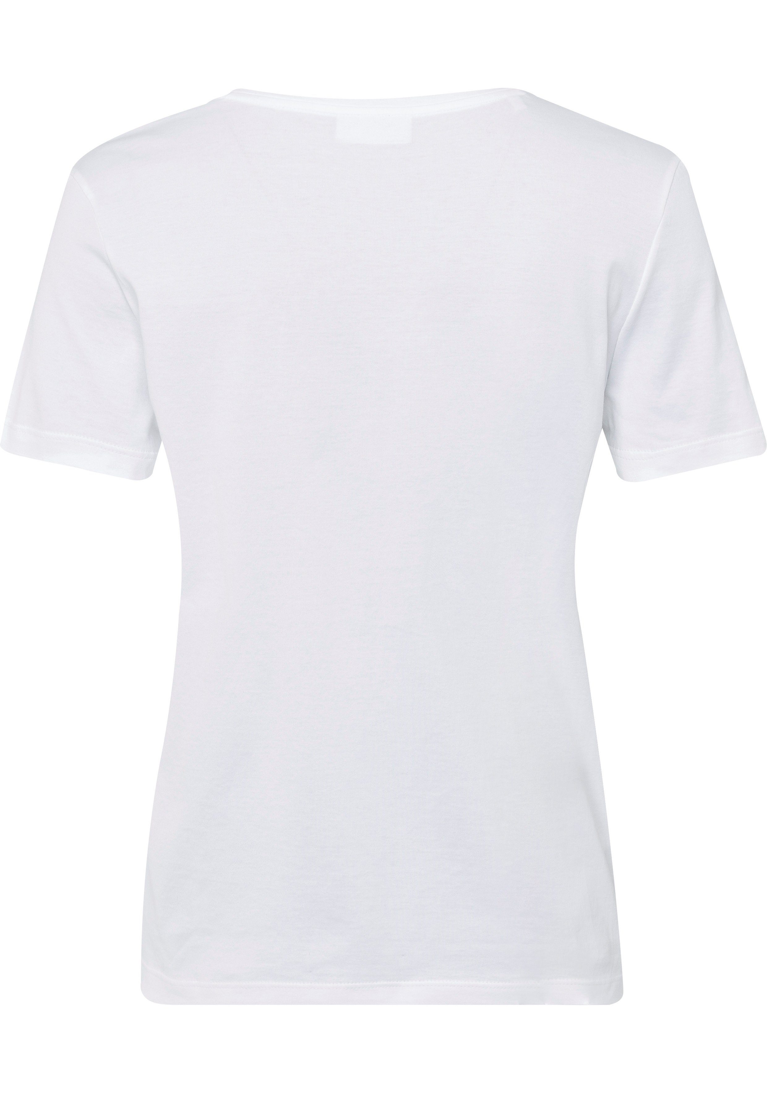 Lacoste Damen-T-Shirt weiß auf T-Shirt mit V-Ausschnitt mit Lacoste (1-tlg) Logo-Patch Brust der