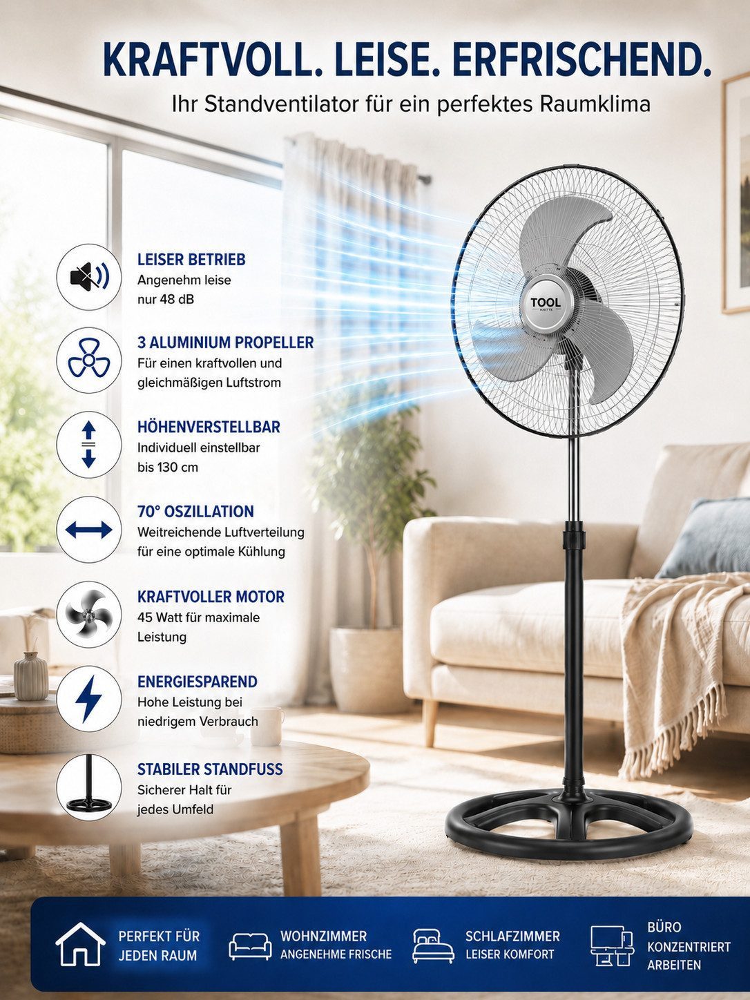 Ertex Standventilator Standventilator Ventilator Kühler 75W Standventilator 130cm STARK