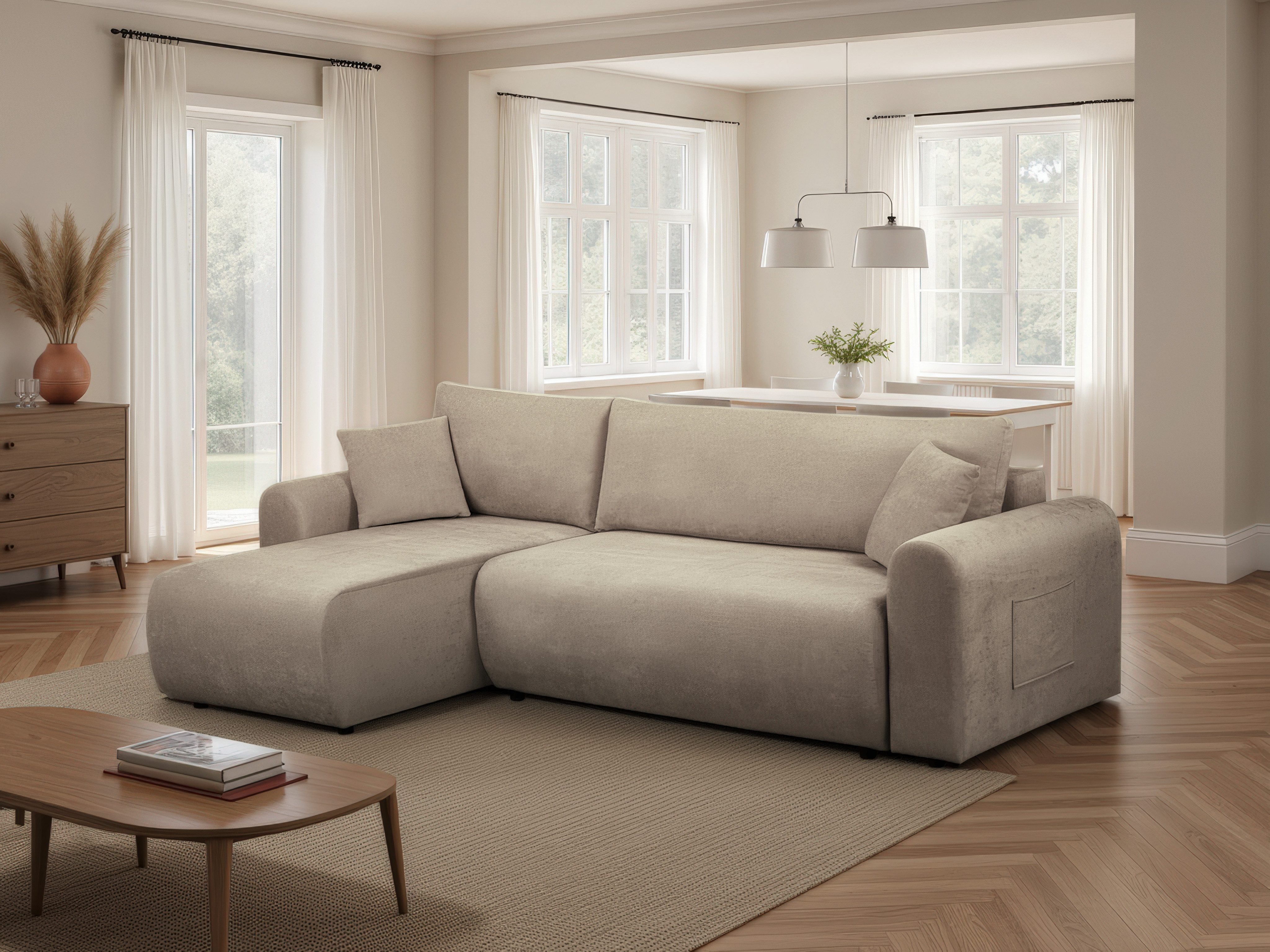 OTTO home Ecksofa JONAA L-Form, 241cm. inkl. Schlaffunktion, weicher Feinstruktur Stoff, Tonnentaschen-Federkern, Bettkasten, Schlafsofa (133/200)