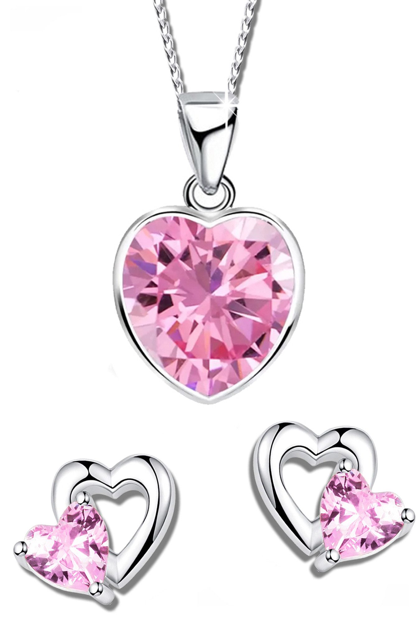 Limana Schmuckset Kinder Mädchen Set 925 Silber Herz rosa Ohrringe mit Halskette, Ohrstecker mit Kette Kinderschmuck Zirkonia