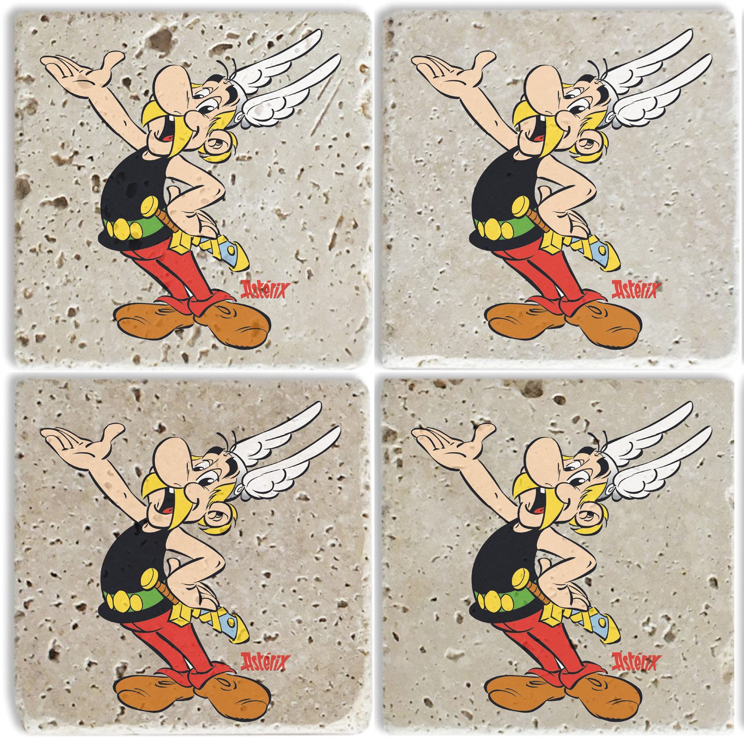 LuckyLinde Getränkeuntersetzer Asterix Motiv Fliesen Steine, Set, 4-tlg., Asterix Set Topfuntersetzer Naturstein Untersetzer 10x10x1cm