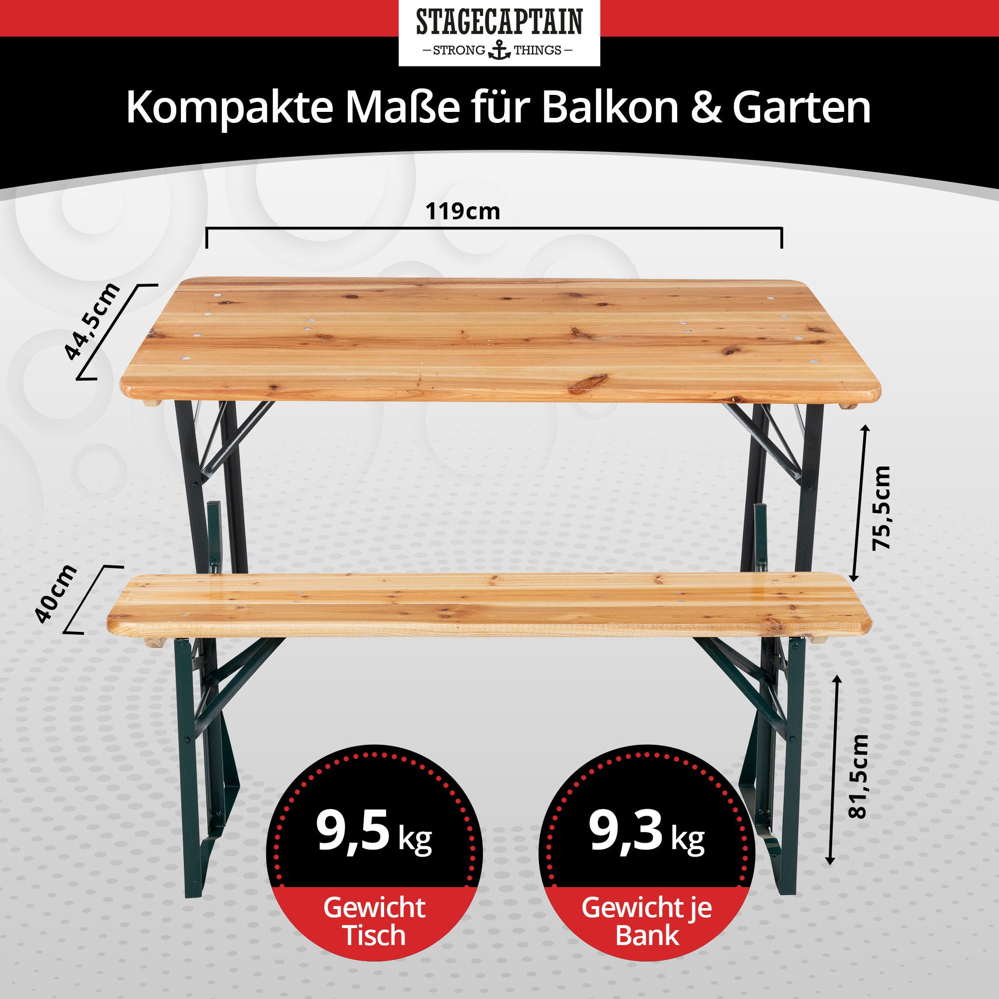 Stagecaptain Bierzeltgarnitur Hirschgarten BB-119 Sitzgarnitur mit Lehne 119 cm Länge, (3-tlg., 2 x Bank, 1 x Tisch), Mit aufsteckbarer Rückenlehne