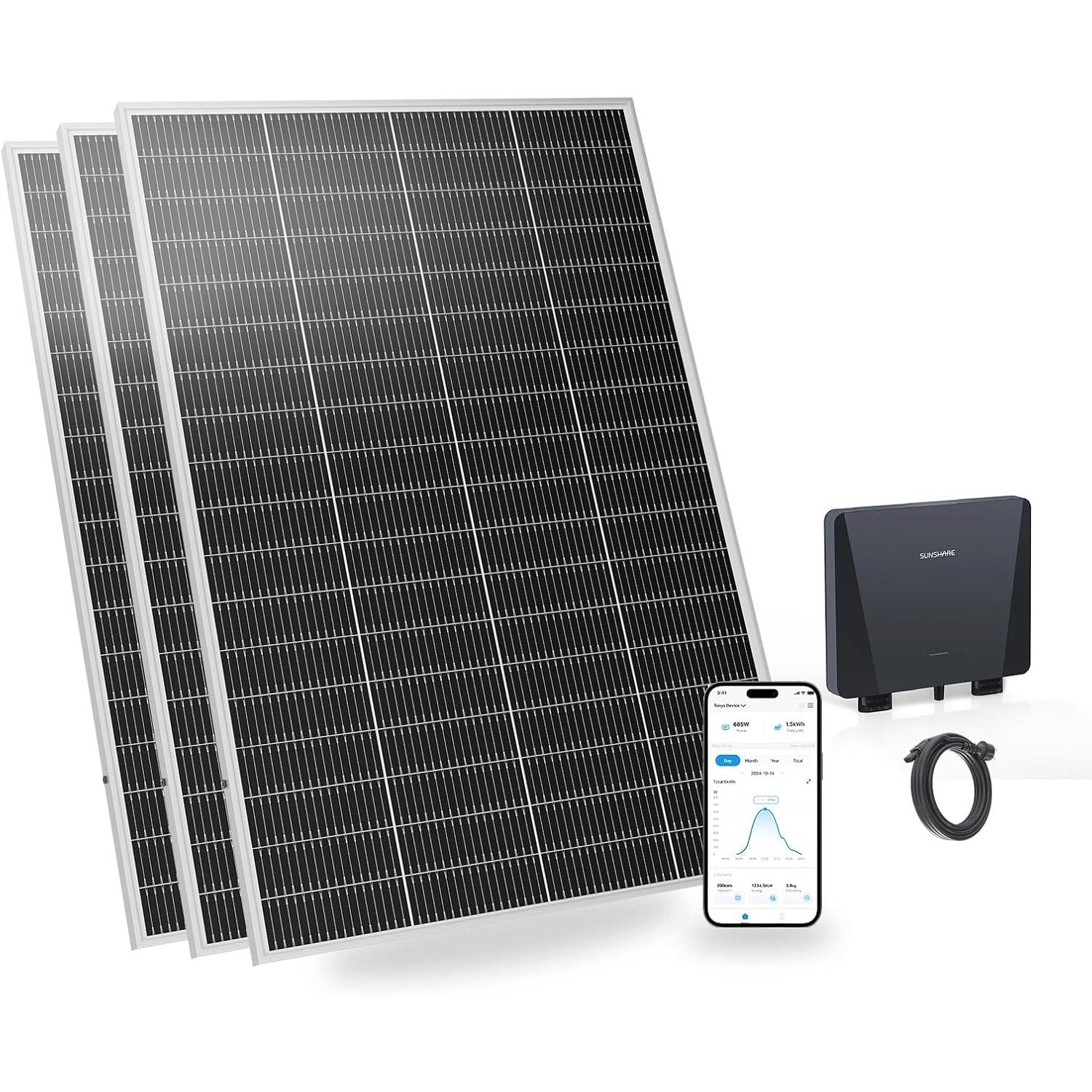 Sunshare Balkonkraftwerk Ray Lite Basic Kit 600 W Mini-Balkonkraftwerk - 3×200 W Module, 200 W, Monokristallin N‑TOPCon, (3-St., 200‑W Solarmodule, 1× Mikro‑Wechselrichter, AC‑Kabel), Leichtes, erweiterbares Balkonkraftwerk mit N‑TOPCon‑Technik