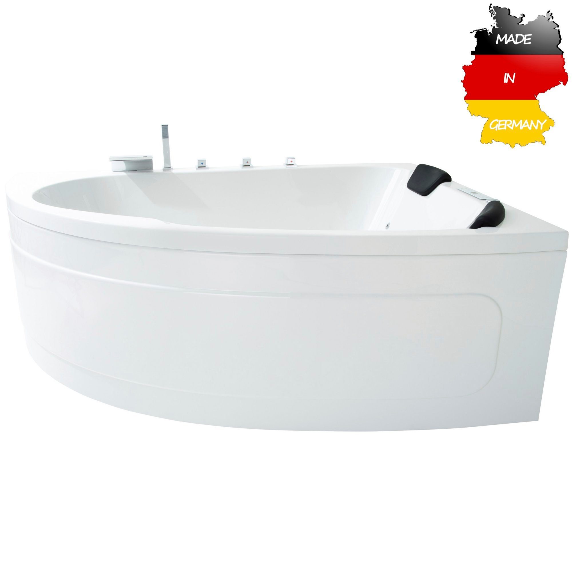 Basera® Whirlpool-Badewanne CLASSIC Indoor Eck-Whirlpool Badewanne Guam Re. 180x130cm für 2 Pers., (Komplett-Set), mit 25 Massagedüsen, Wasserfall, LED, Touchpanel, Bluetooth und Radio