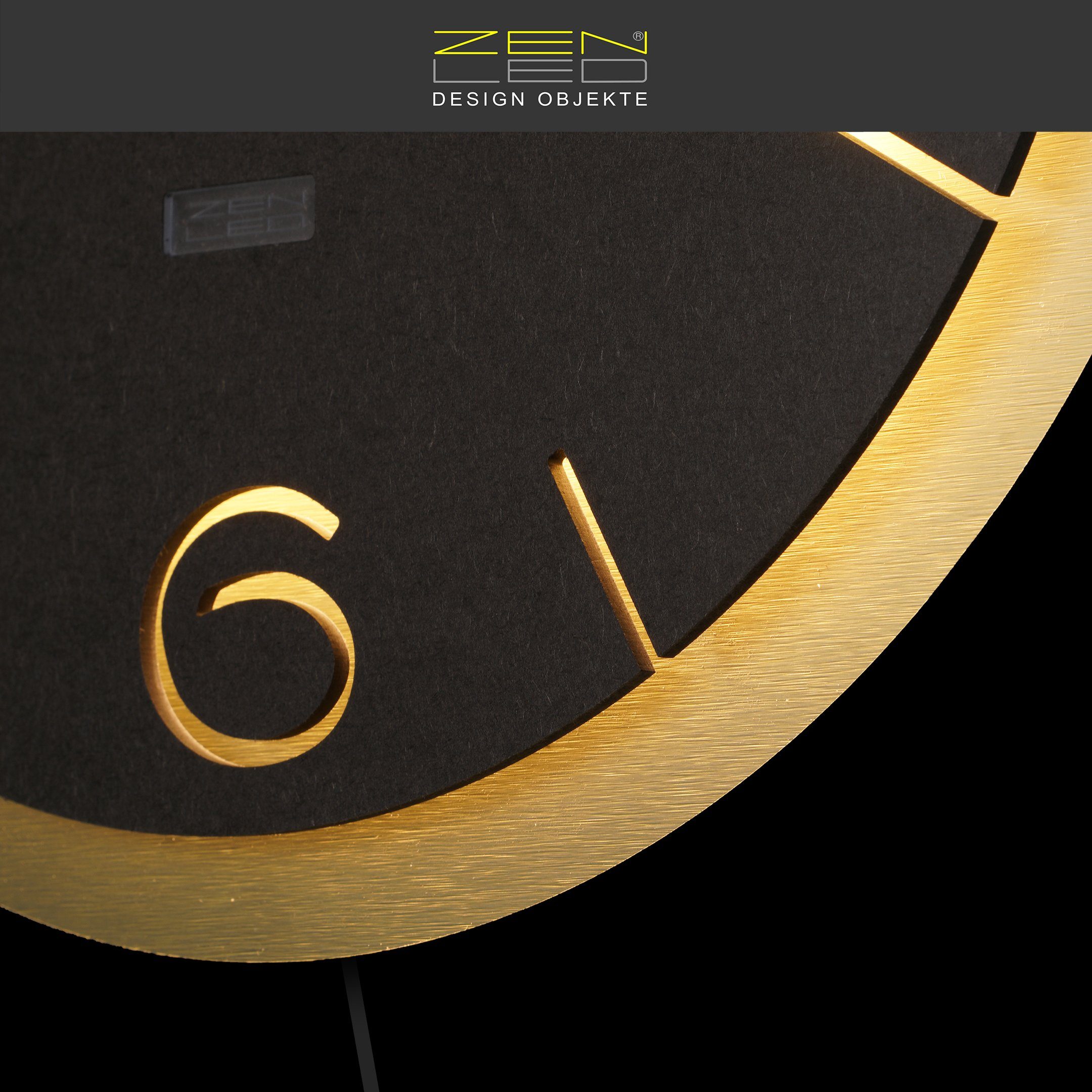ZENLED Wanduhr und (hinterleuchtet über Ø50/56cm DOPPIO Metall 3D-Effekt mit mit Optik Fernbedienung) moderne RUND warm-weiss steuerbaren LEDs Gold Holz - Wanddeko