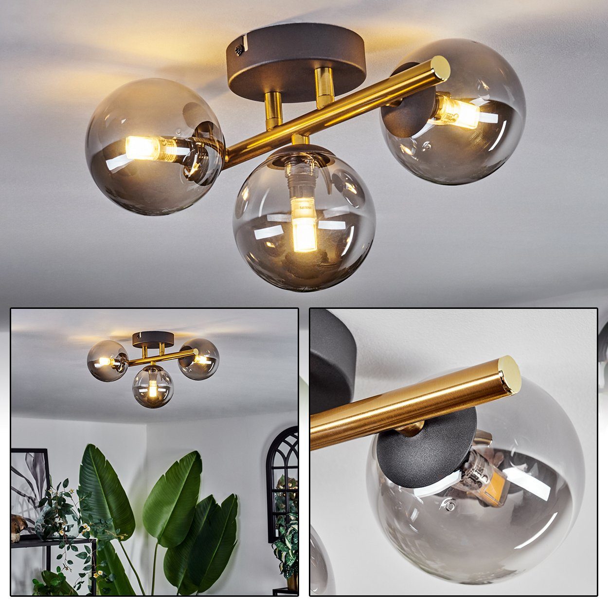 hofstein Deckenleuchte Deckenlampe aus Metall/Glas aus G9 in ohne x Leuchtmittel 3 im Retro-Design Schwarz/Goldfarben/Rauchfarben, Glas, Leuchte Leuchtmittel, ohne LED