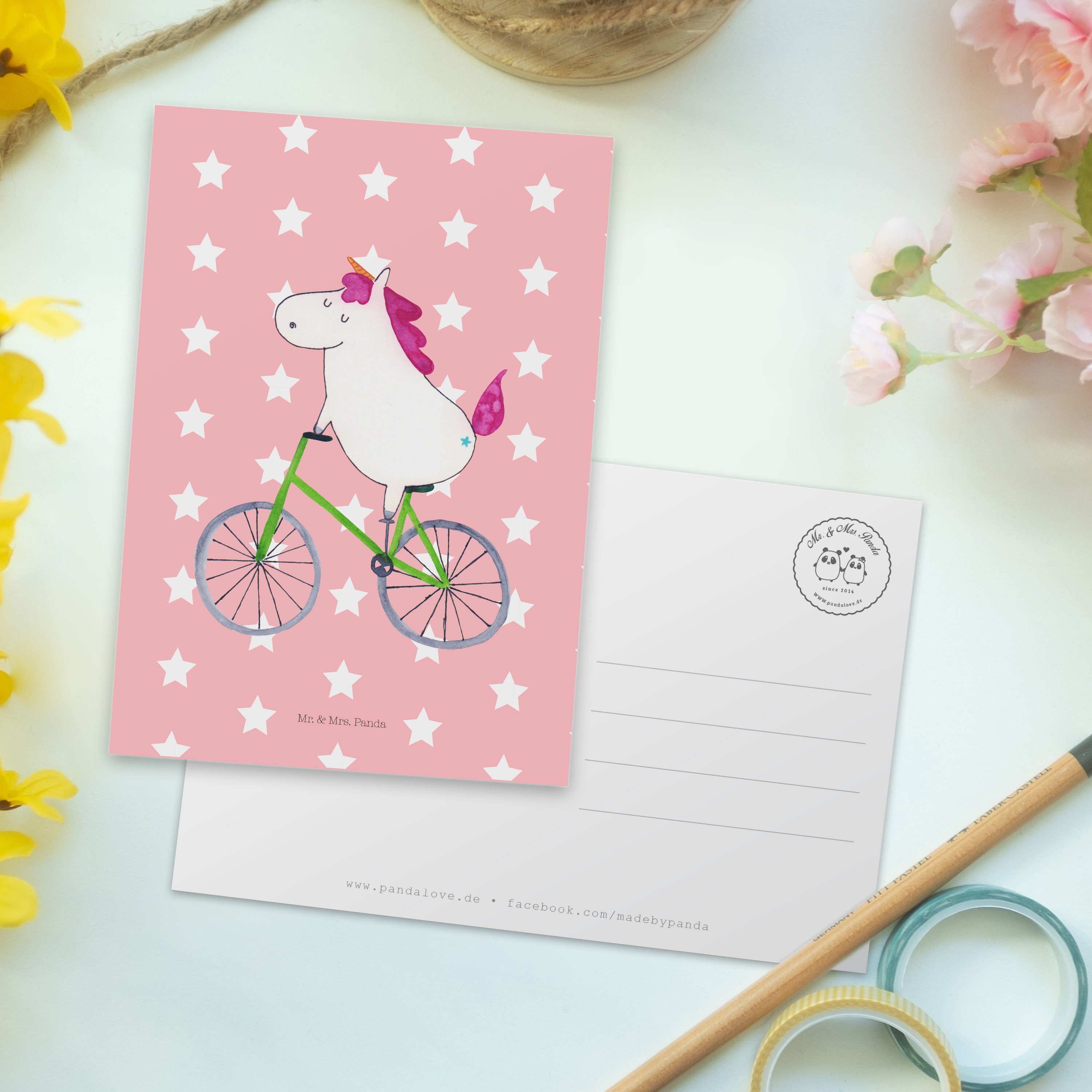 Panda Einhorn Radfahrer & - Pastell Rot Deko, Mr. Mrs. Einhorn Postkarte Geburtstags Geschenk, -