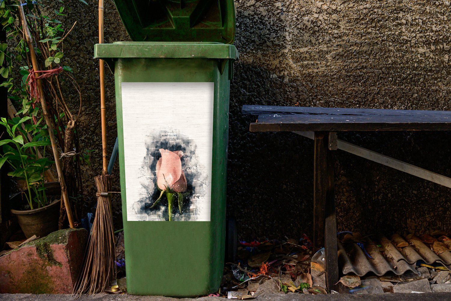 Sticker, Leuchten (1 Mülleimer-aufkleber, Container, Blume abstraktem Rosa St), mit Abfalbehälter Wandsticker MuchoWow Mülltonne,