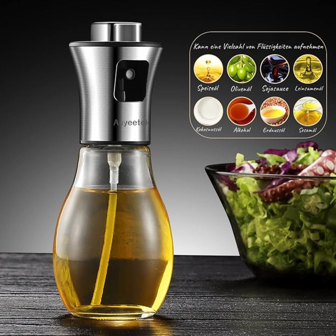 LA CUTE Sprühflasche Dosierer Salat Ölsprüher aus Edelstahl und Glas, 200 ml, (Küchensprühgerät für vielseitige Anwendungen, 1-tlg., 1 Ölsprüher, 200 ml, Glas und Edelstahl), BPA-frei, umweltfreundlich, Lebensmittelsicherheit