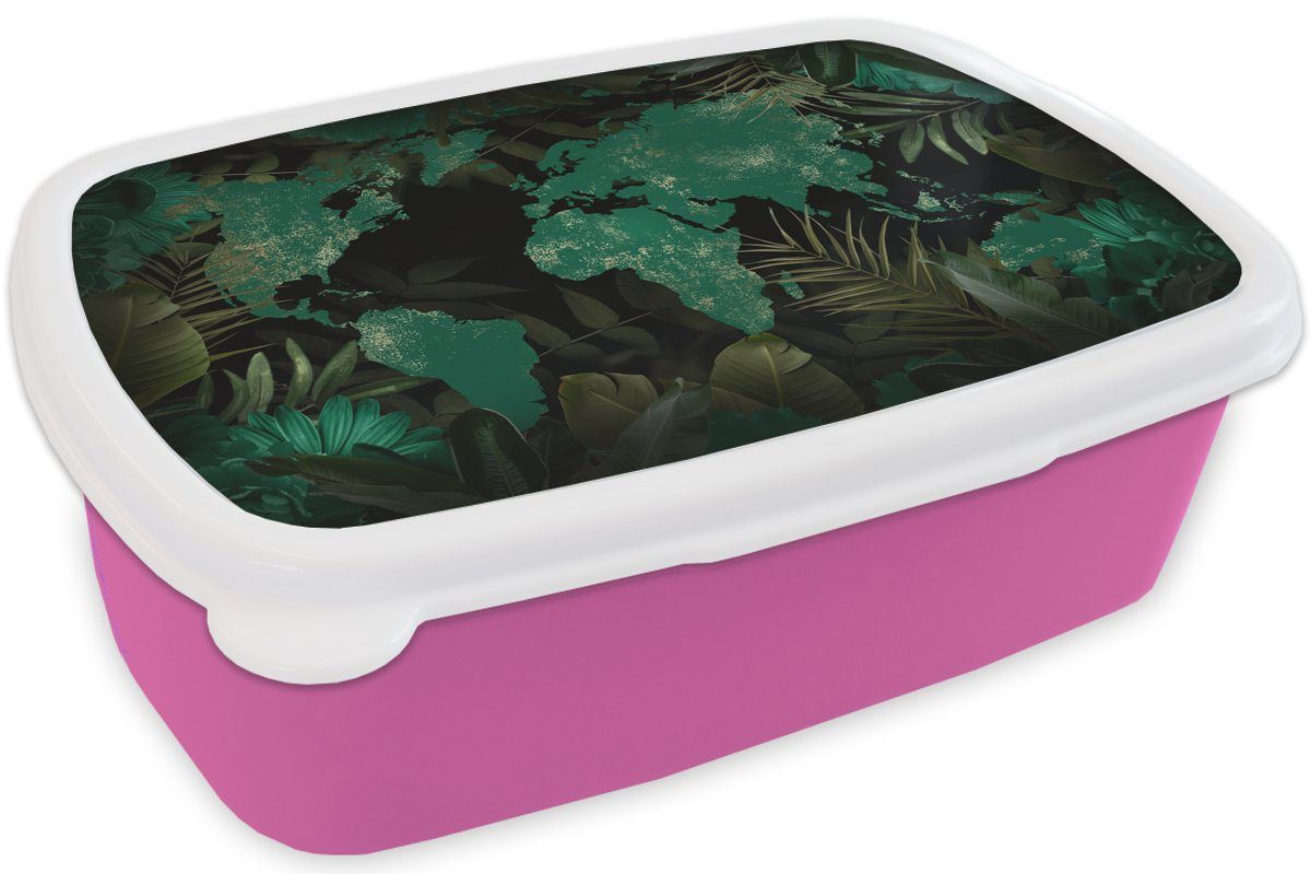 MuchoWow Lunchbox rosa Erwachsene, Grün Snackbox, Kinder, - Kunststoff (2-tlg), für Blätter, Kunststoff, Mädchen, Brotdose Weltkarte - Brotbox