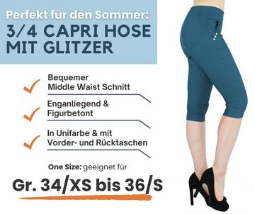 dy_mode Caprihose Damen Capri Hose 3/4 Skinny Pants Kurze Sommerhose mit Glitzer in Unifarbe, mit elastischem Bund, Middle Waist