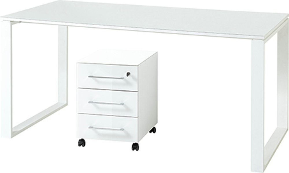 moebel-dich-auf Schreibtisch MONTERREY (Schreibtisch + Rollcontainer), Front und Oberboden aus Glas weiß