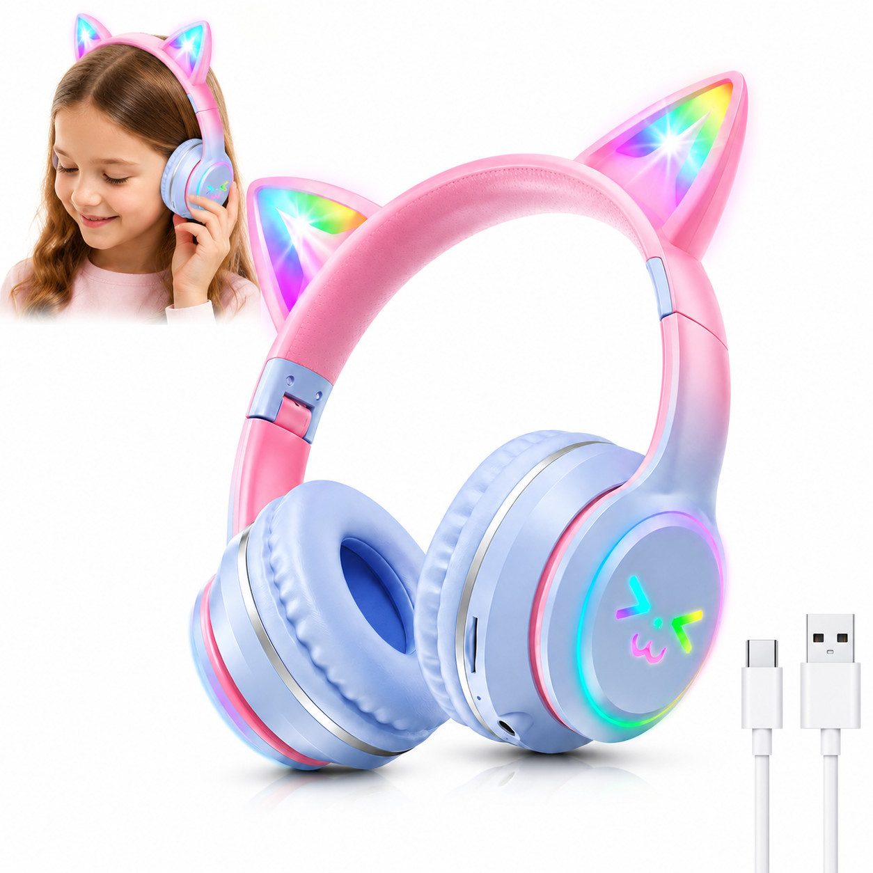 Fyrove RGB-LED-Leuchten,Bluetooth 5.3,HiFi Sound, Kinder Kopfhörer Over-Ear-Kopfhörer (kompatibel mit Tablet/Computer/Telefon, Katzenohr‑Headset für Mädchen, mit RGB-Lichtern,60 dB Lautstärkebegrenzung, HD Mikrofon)