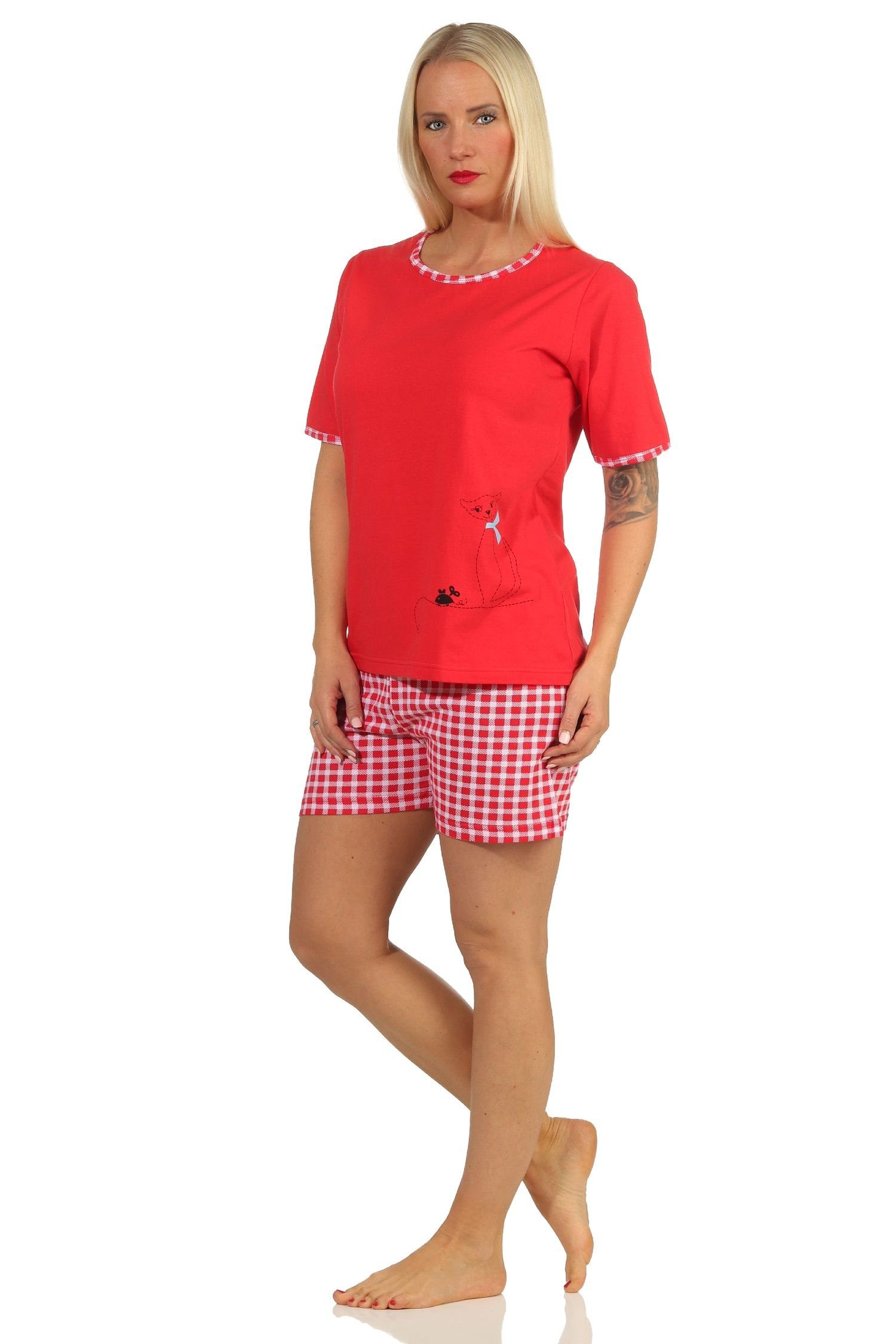 Schlafanzug Pyjama kurzarm rot Normann 66334 - mit Damen Katzen-Motiv süßem Shorty