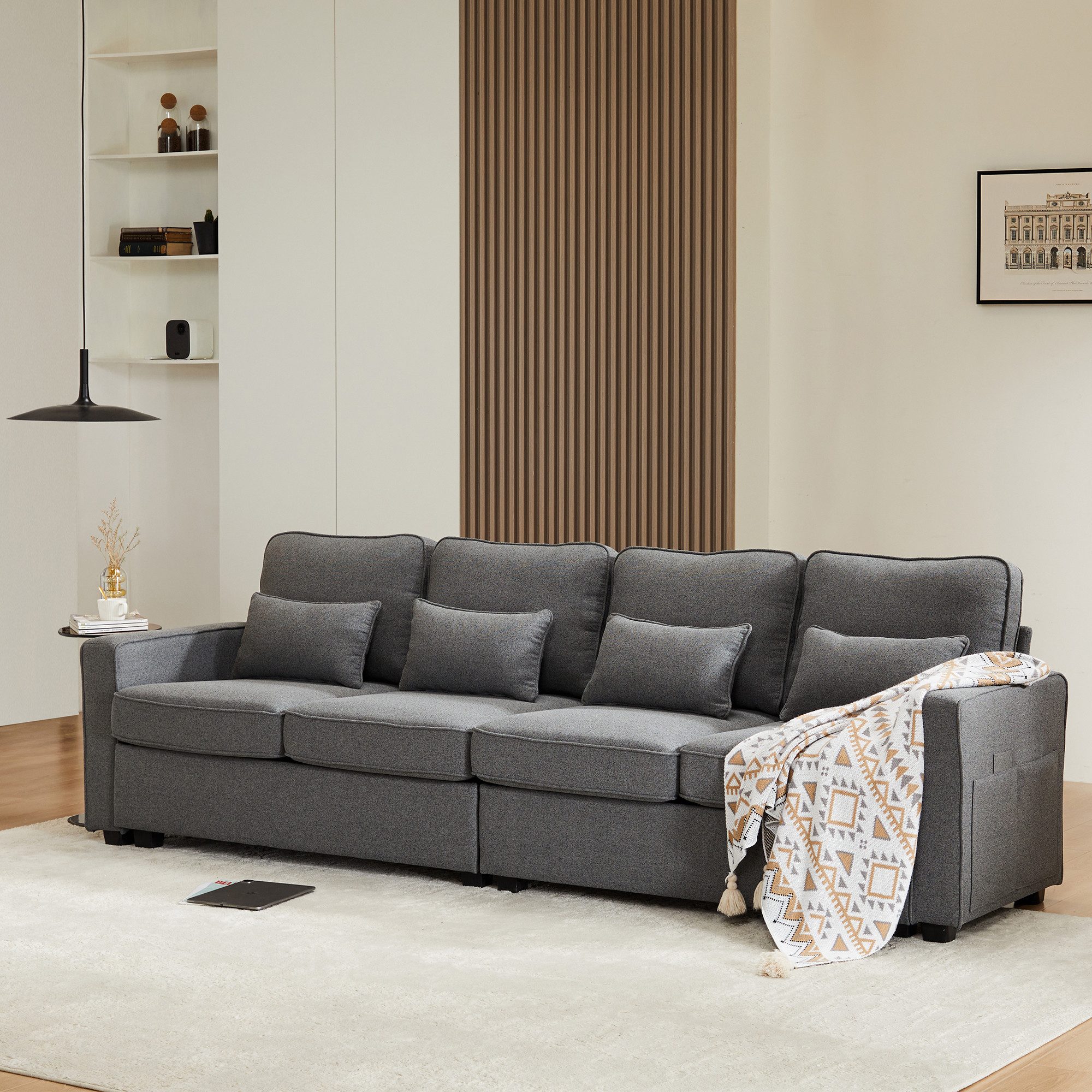 IDEASY Sofa Modernes 4-Sitzer-Sofa aus Leinenstoff, einfachen Stil Sofabett, Couchbett für Wohnzimmer, Wohnung, Büro