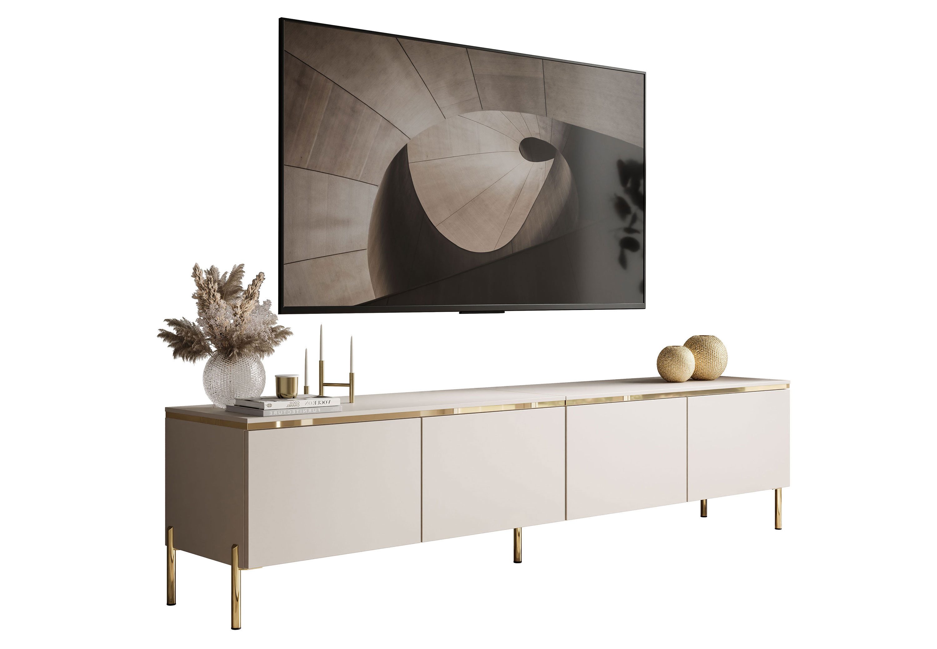 TV-Schrank CELINE KASCHMIR 200 cm auf goldenen Füßen mit LED-Beleuchtung