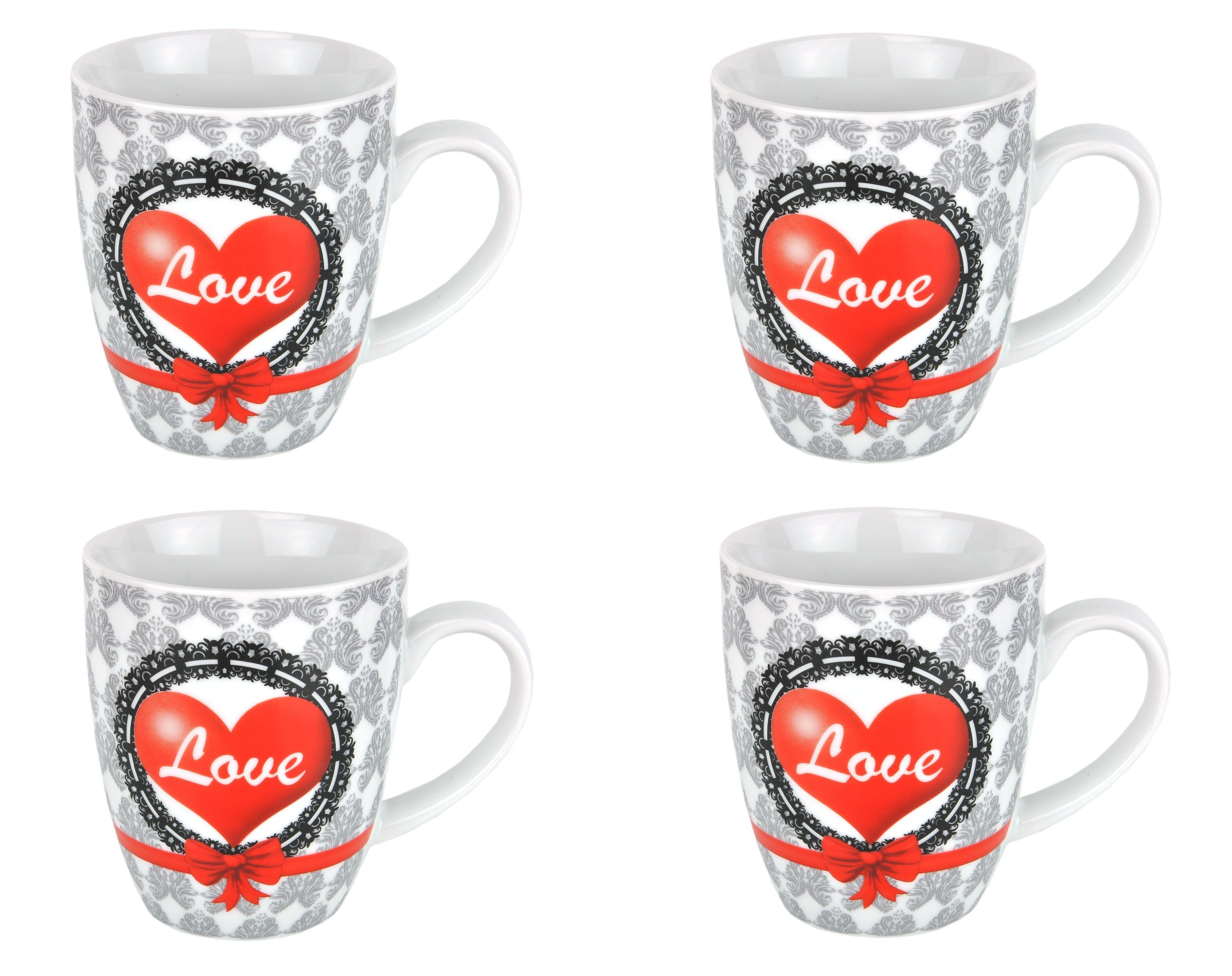 van Well Becher 4er Set Kaffeebecher Herz 35cl Herzbecher, Porzellan