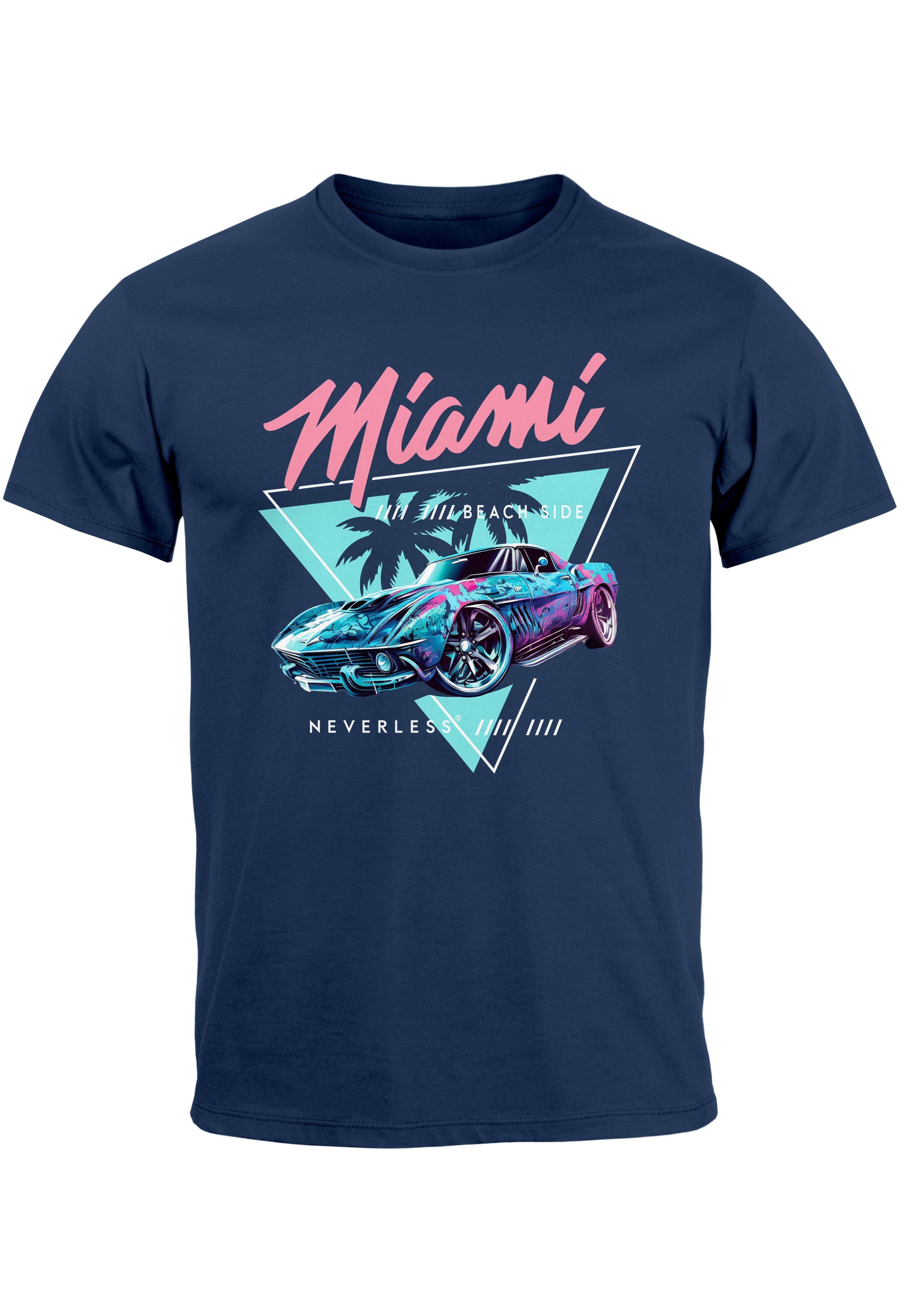 Neverless Print-Shirt Herren T-Shirt Bedruckt Miami Beach Surfing Motiv USA Retro Automobil mit Print navy