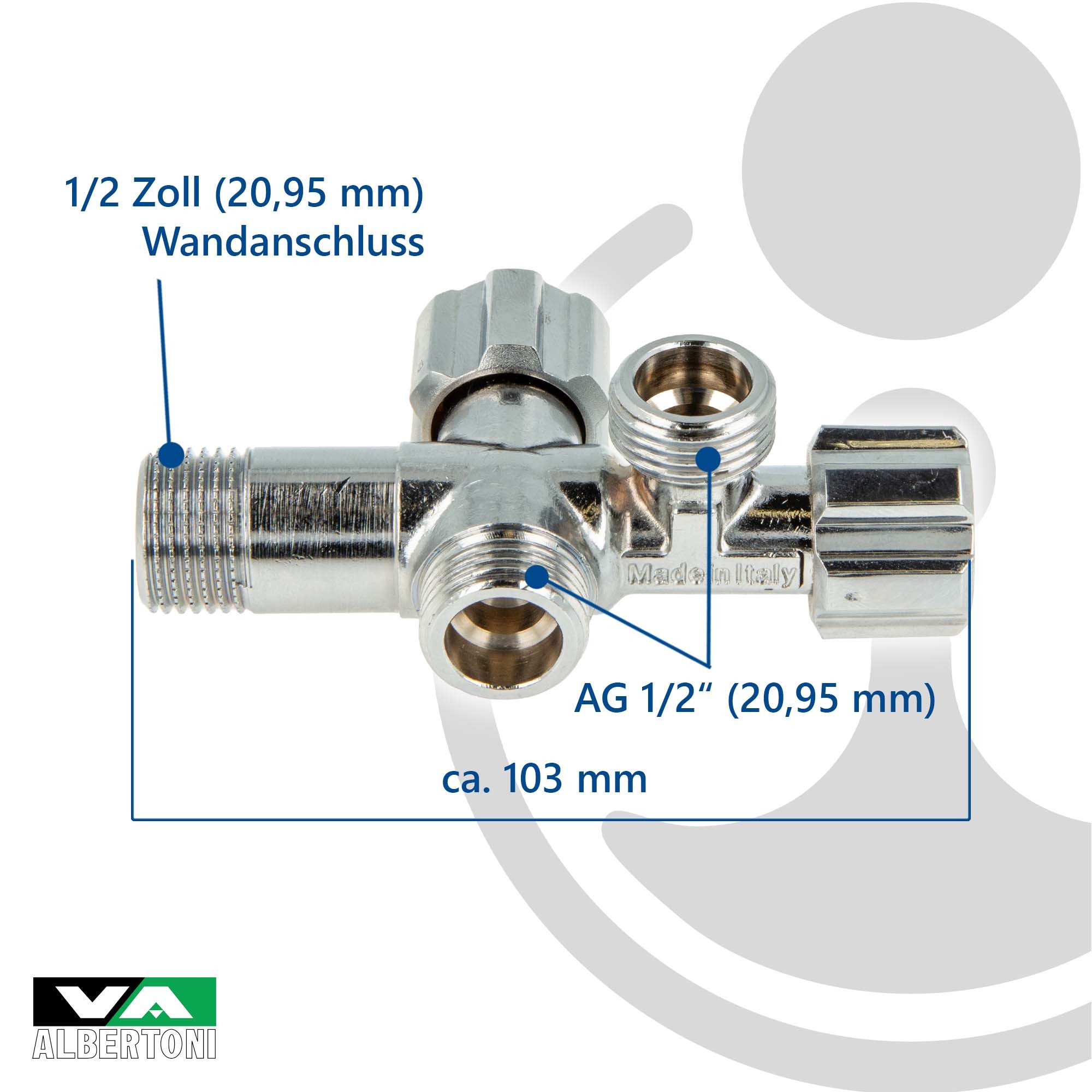 VA Albertoni Eckventil Doppeleckventil 1/2 Zoll (DN 15), mit. 2 x 1/2 Zoll Abgängen, D445694, einzeln absperrbar – Bild 5 von 5