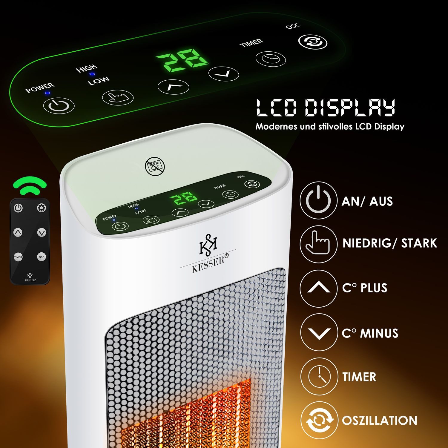 KESSER Heizlüfter, Heizlüfter mit Fernbedienung energiesparend leise 2000W