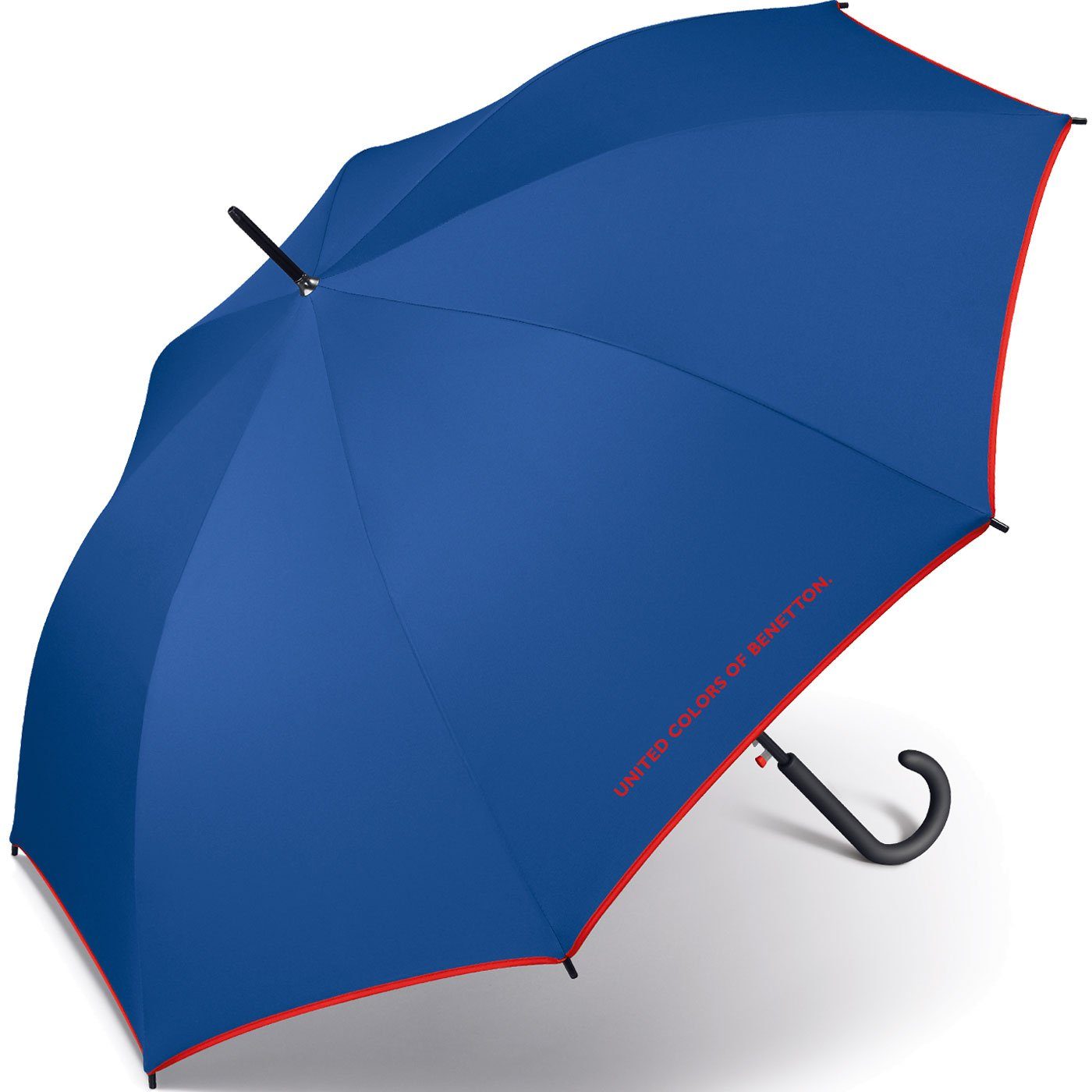am mit Logo, Schirmrand blau Auf-Automatik großer Langregenschirm Colors United und Regenschirm Benetton einfarbig Kontrastfarben mit of