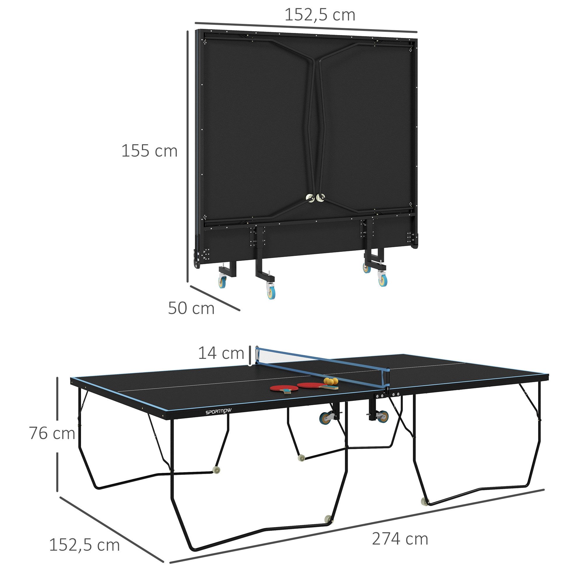 MC Star Tischtennisplatte Outdoor, Klappbar Tischtennistsich mit Netz, Rollen (2 Tischtennisschlägern und 3 Bällen, Stahl, Schwarz, 274 x 152,5 x 76 cm)