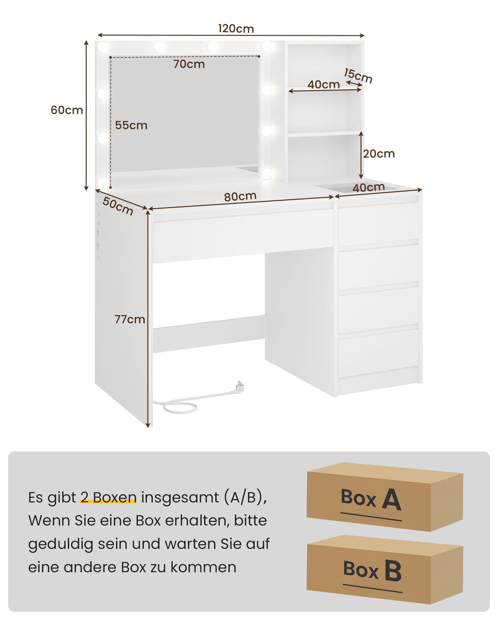 MSMASK Schminktisch Kosmetiktisch Frisiertisch mit 5 Schubladen und Beleuchtung, mit Schmucktablett und Steckdosen,Einstellbare Helligkeit, Weiß