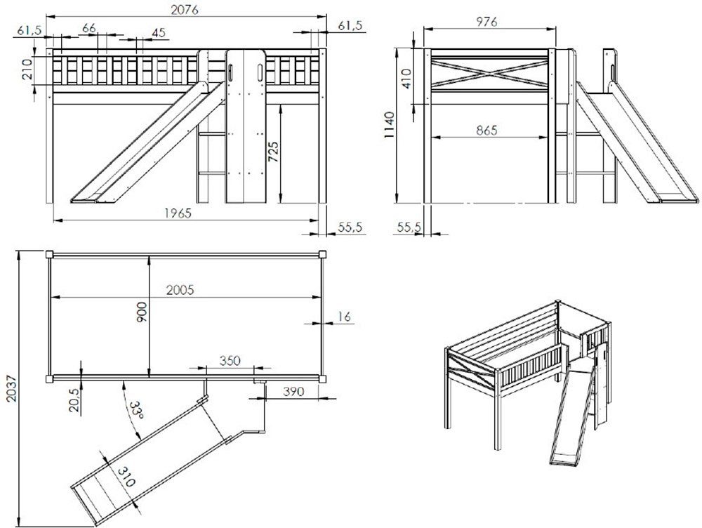 cm, m. Muster 90x200 mit Rutsch-/Leiterturm, Rosa Hochbett Vorhang, Scott 4 LF floralem Tasche, Designs Vipack