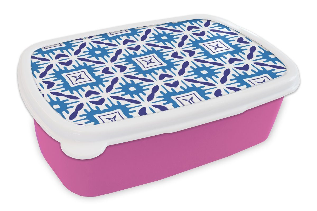 MuchoWow Lunchbox Vektor - Blau - Kacheln - Muster, Kunststoff, (2-tlg), Brotbox für Erwachsene, Brotdose Kinder, Snackbox, Mädchen, Kunststoff rosa
